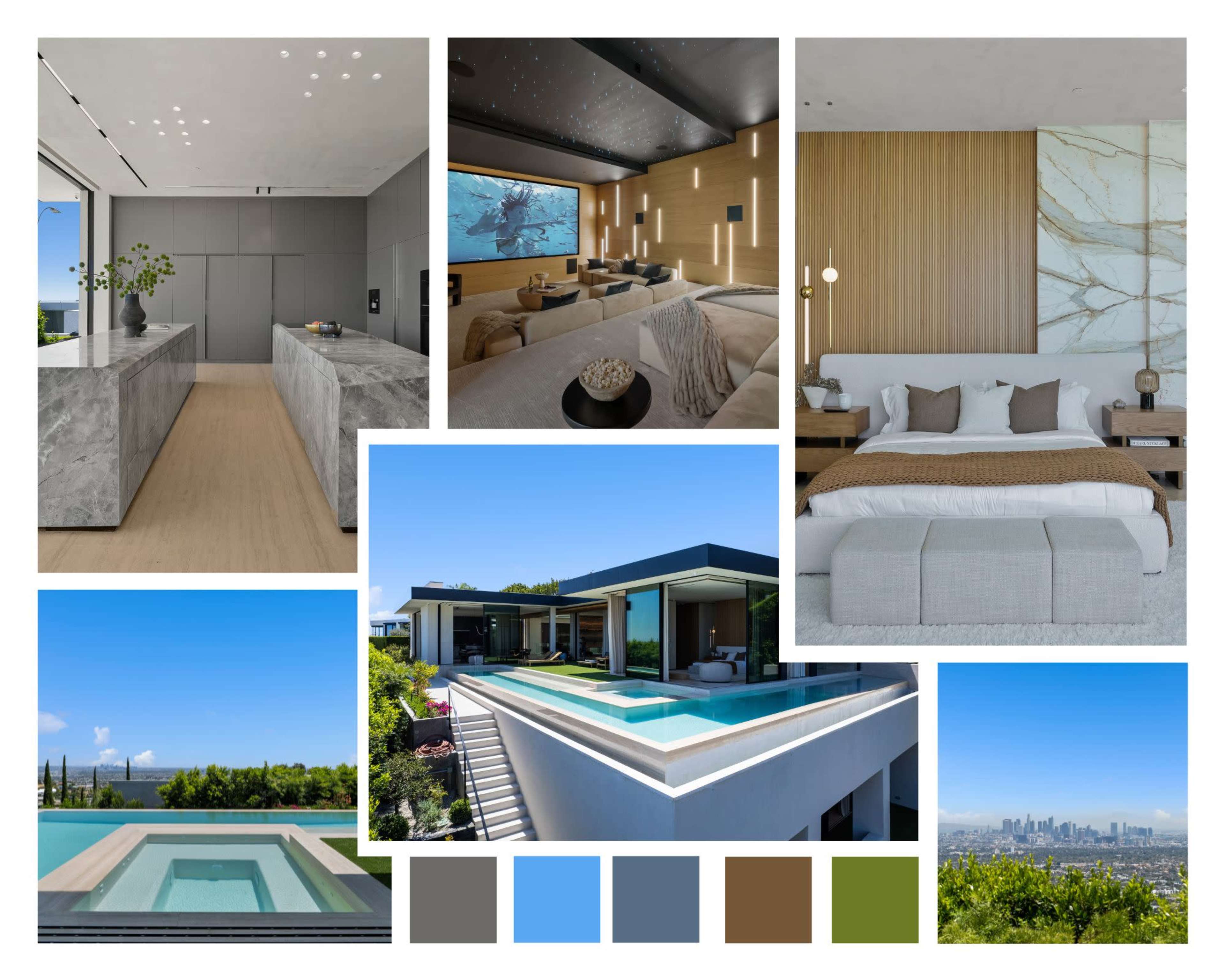 A modern luxury home featuring a sleek kitchen, a cozy living room with a large screen, an elegant bedroom, and an outdoor area with a swimming pool overlooking a city skyline.