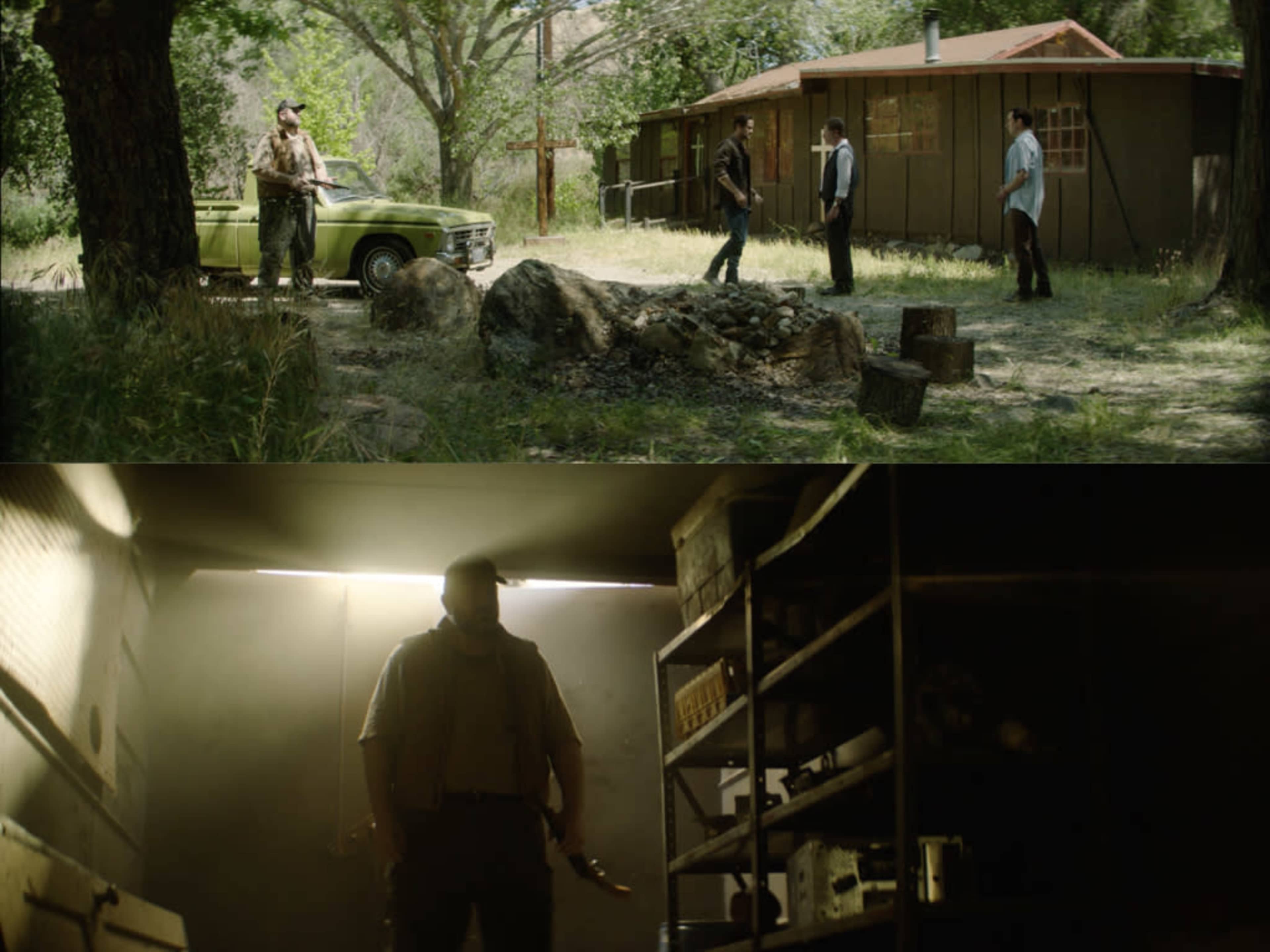 Two distinct scenes: one features three men standing outside a green car near a cabin in a wooded area, and the other depicts a silhouette of a man holding a weapon in a dimly lit interior space with shelves.