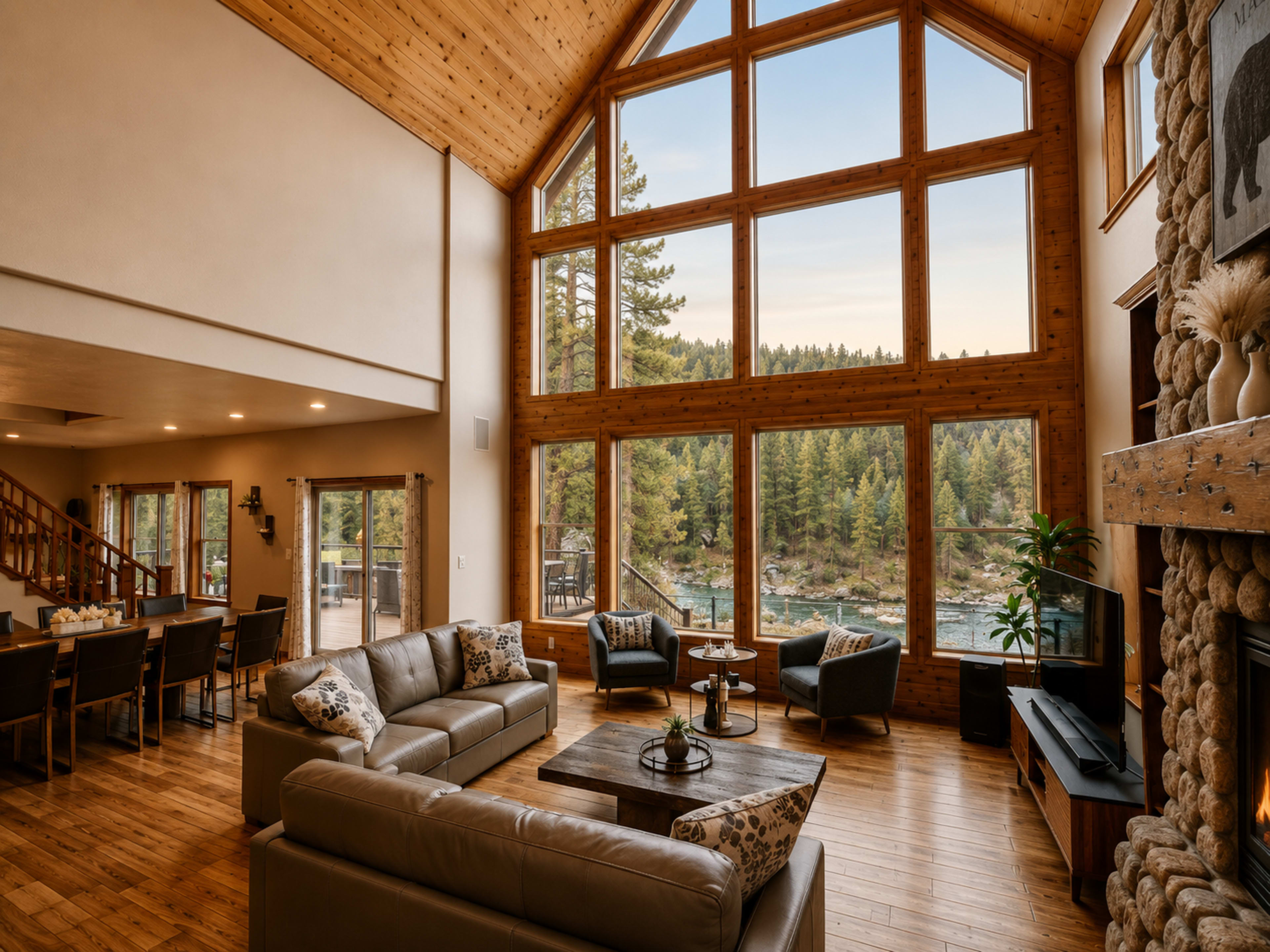 The image shows a spacious living area with large windows overlooking a forested landscape, featuring a cozy seating arrangement and a dining area in the background.