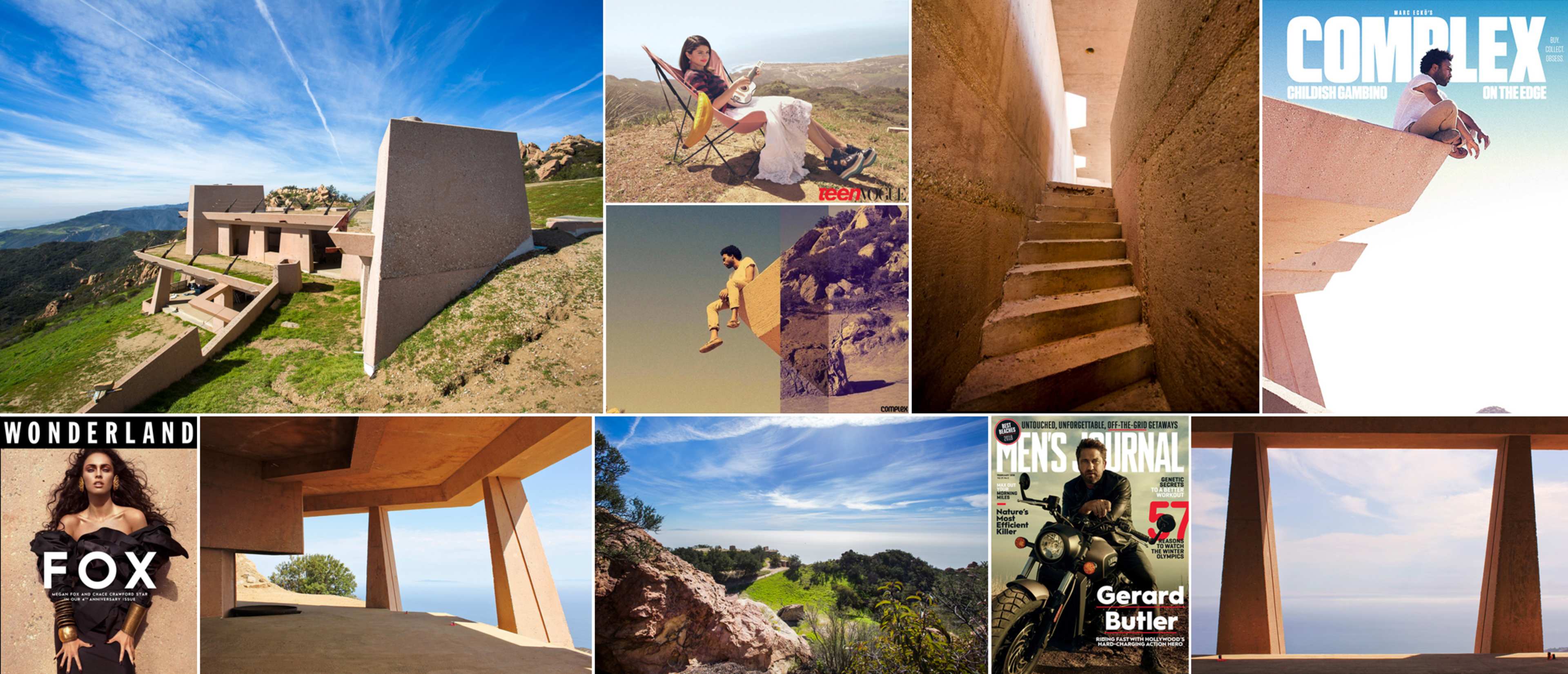 The image displays a collage featuring various architectural structures set in a landscape, alongside magazine covers and individuals engaged in leisure activities.