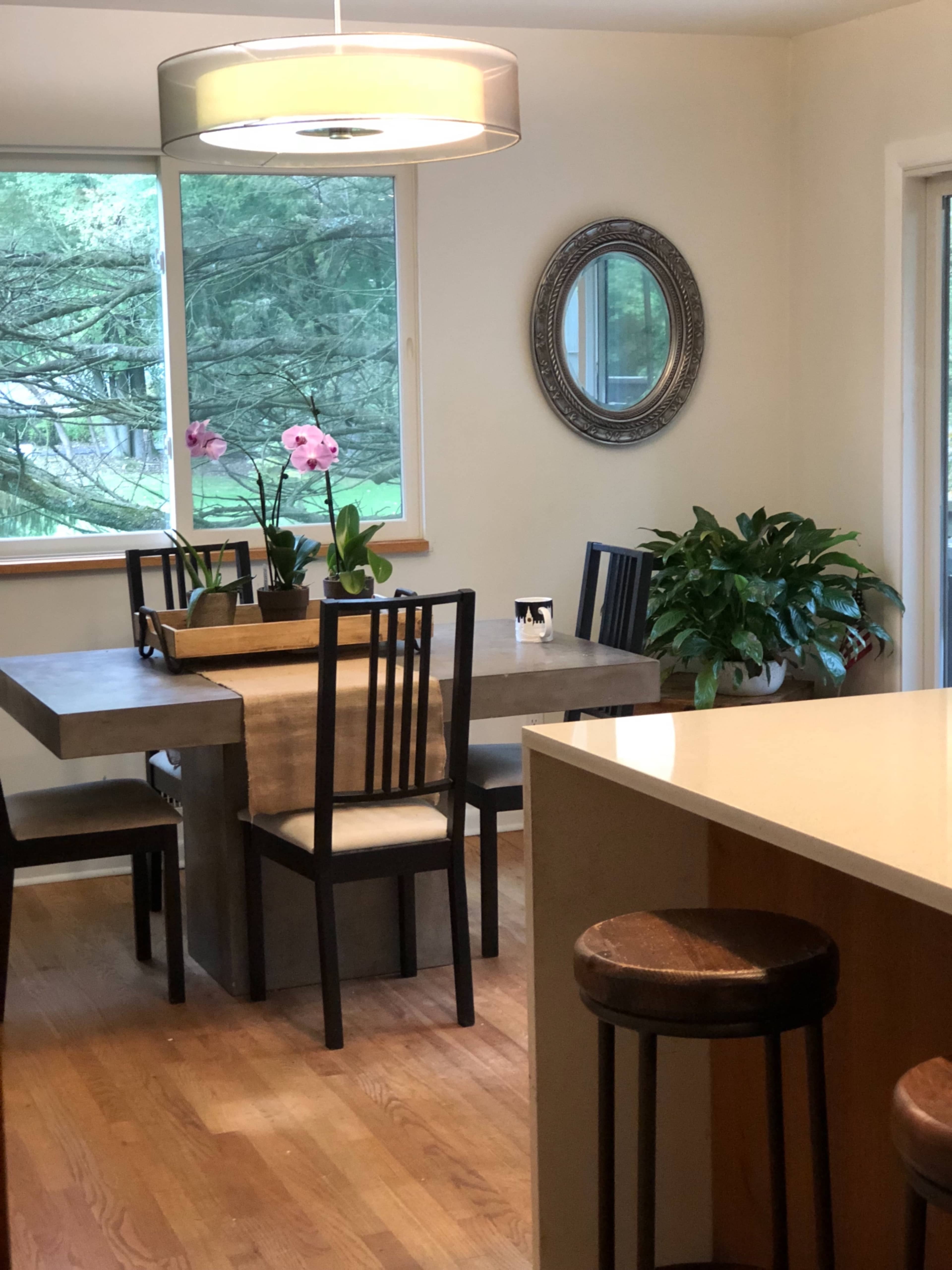 A dining area features a wooden table surrounded by black chairs, with a vase of orchids, a large plant, and a mirror on the wall.
