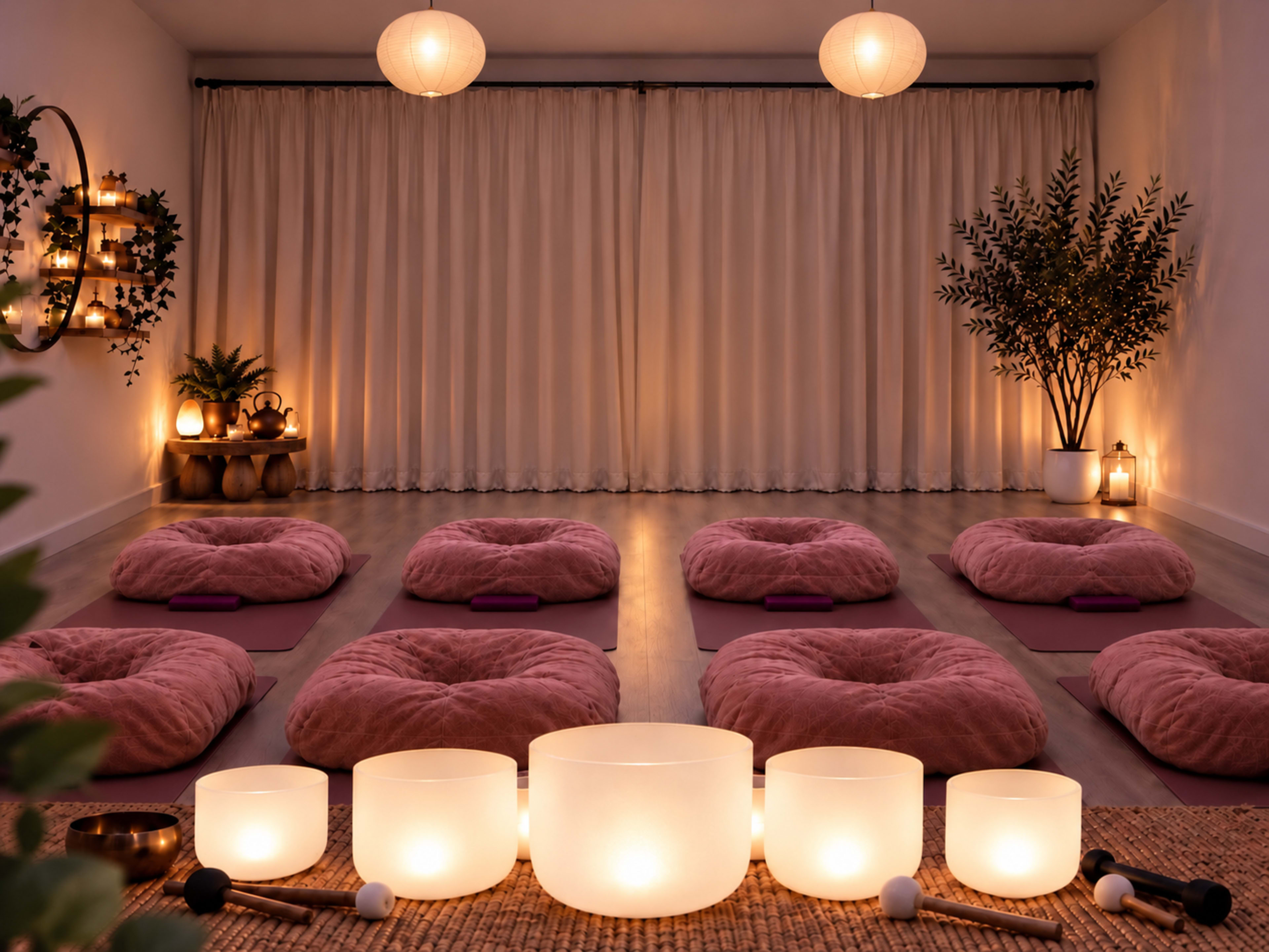 The image shows a tranquil meditation studio with soft pink floor cushions, low lighting from candles, and a set of crystal singing bowls arranged in front.