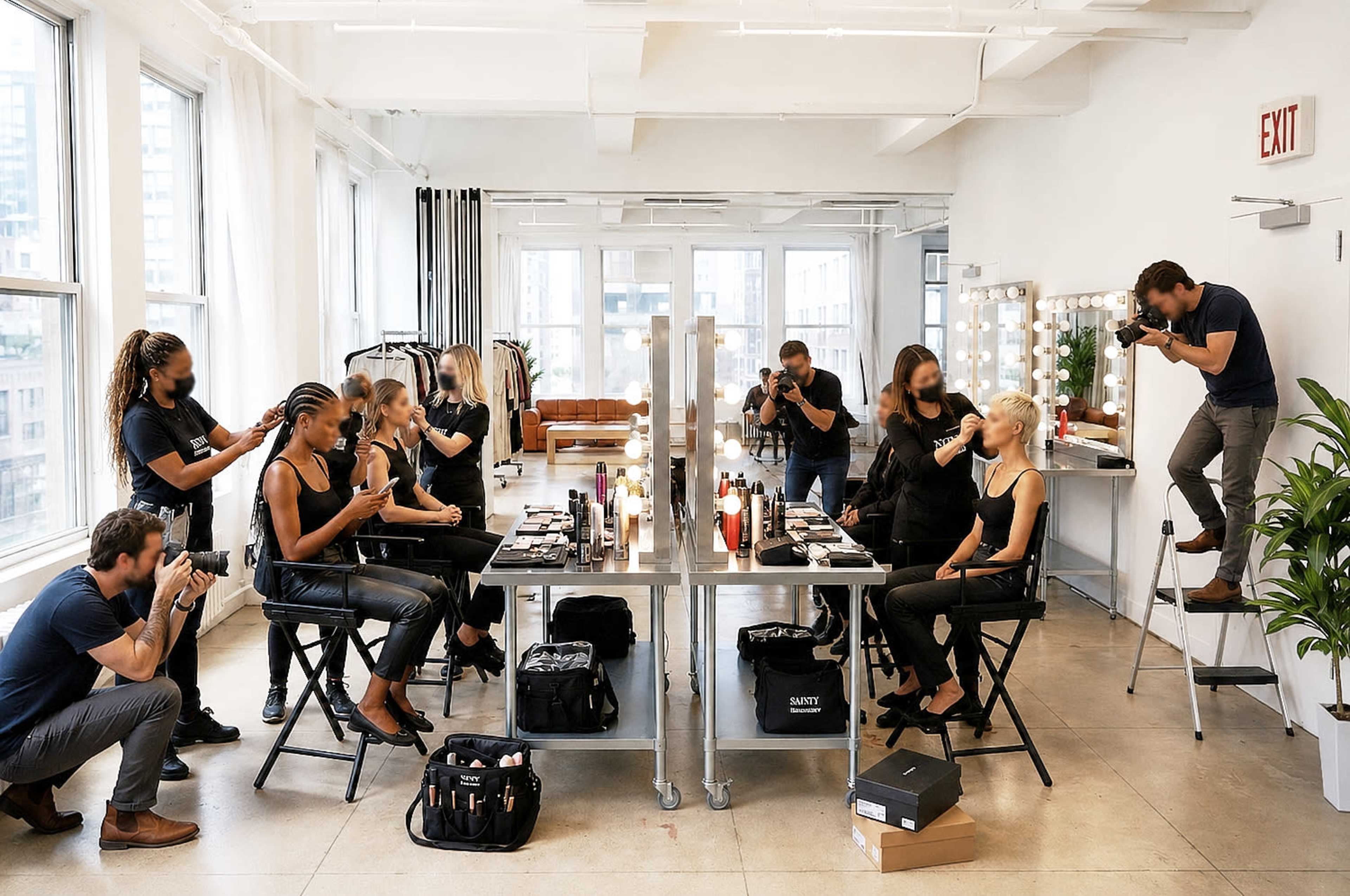 A group of makeup artists and photographers work collaboratively in a bright studio, with models seated at a central table surrounded by various cosmetic products.