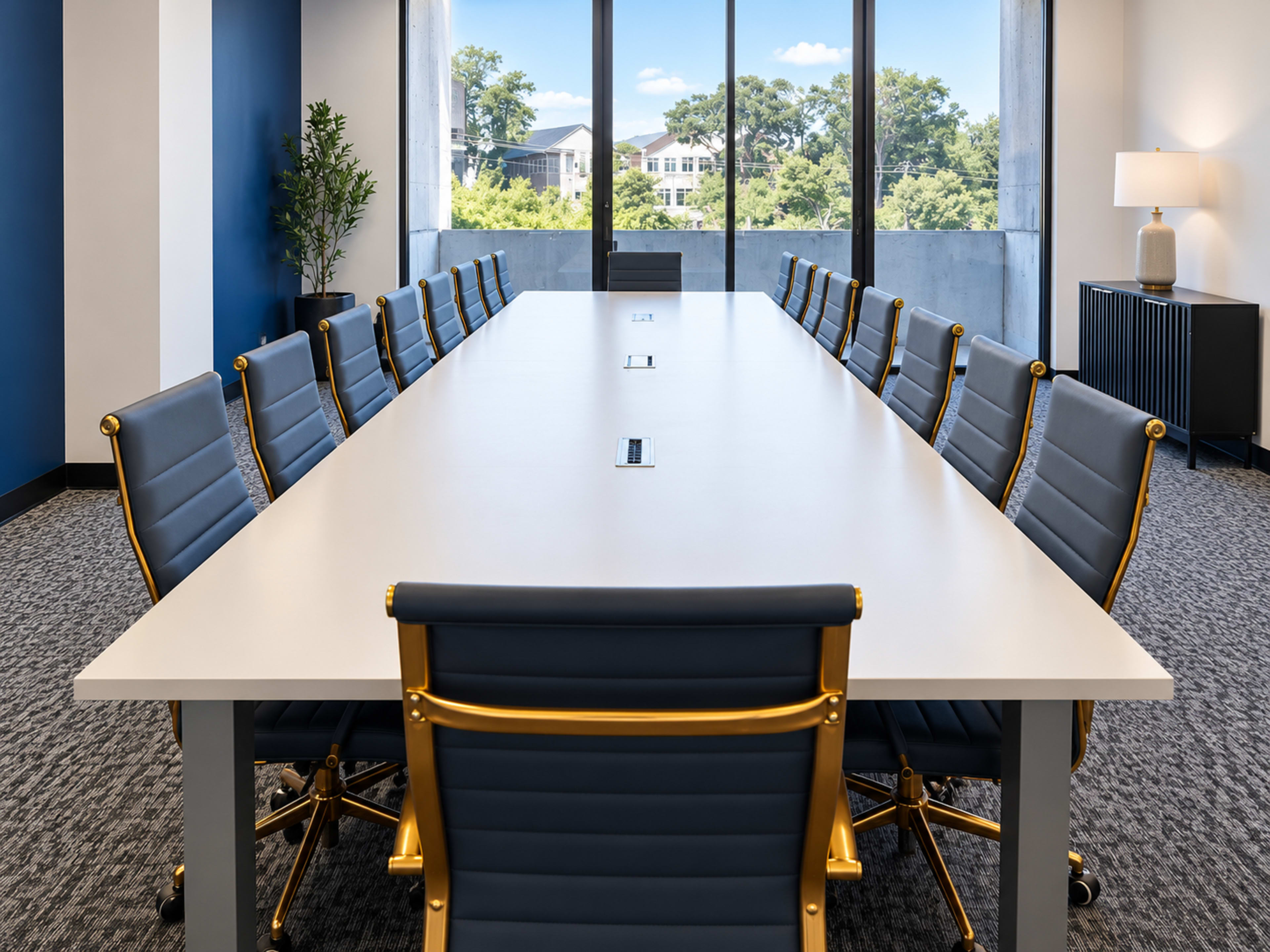 A modern conference room features a long, rectangular table surrounded by chairs with gold accents, large windows offering a view of greenery, and minimalist decor.