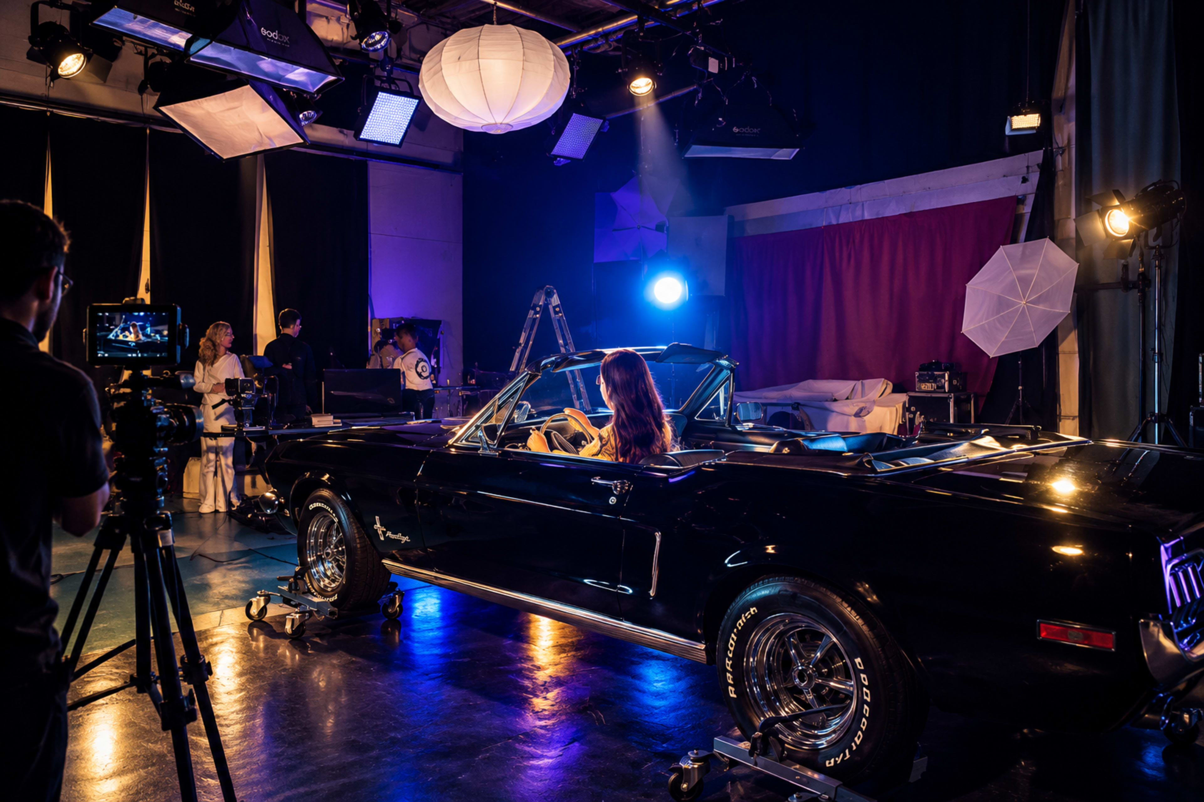 A vintage black convertible car is positioned in a studio setting with multiple lighting setups and crew members preparing for a photoshoot.