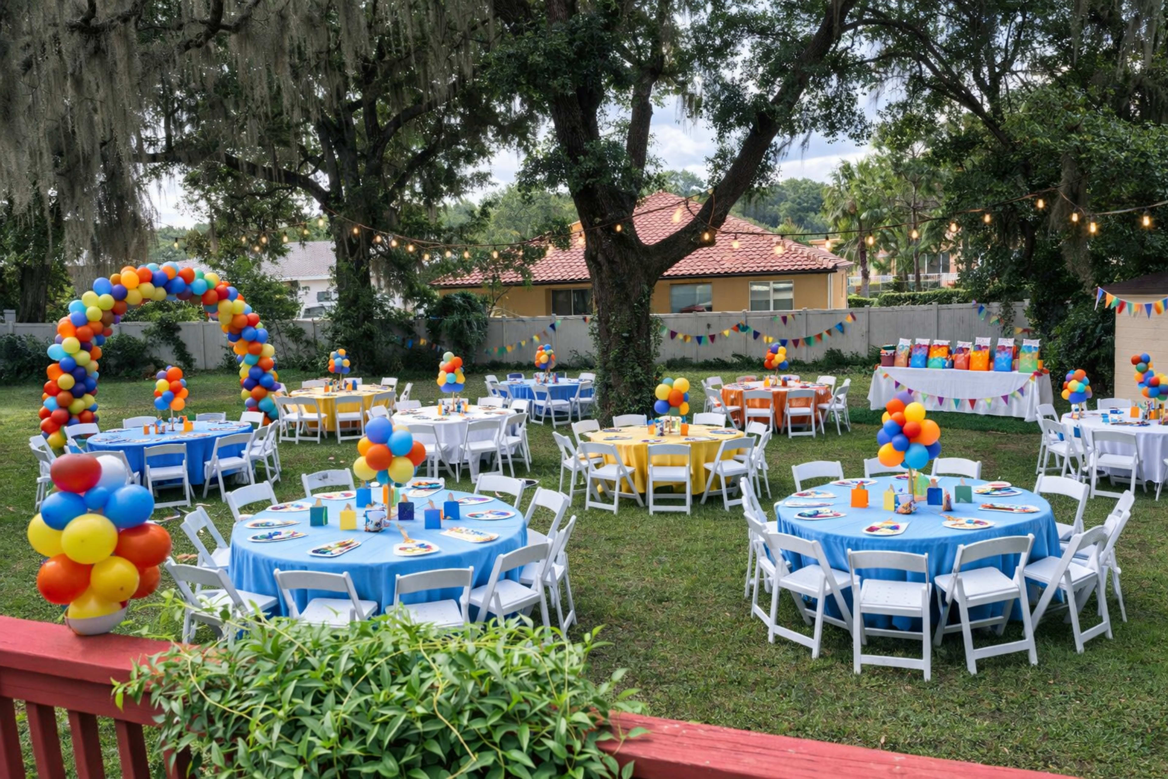 The image shows a festive outdoor party setup with multiple round tables covered in colorful tablecloths, each decorated with balloons and centerpieces, under large trees and string lights.