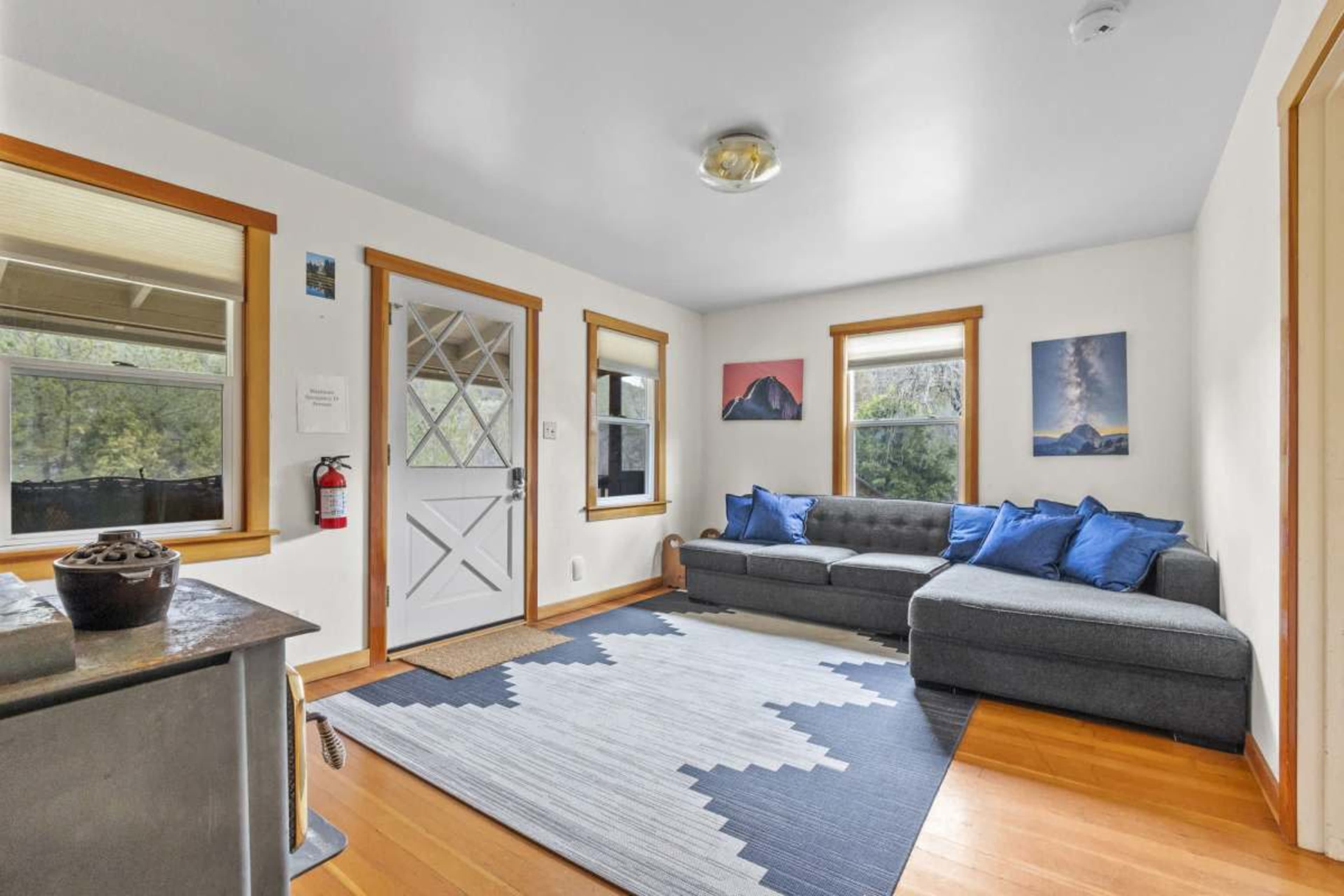 A living room features a gray sofa with blue cushions, a textured rug, a door leading outside, and artwork on the walls.