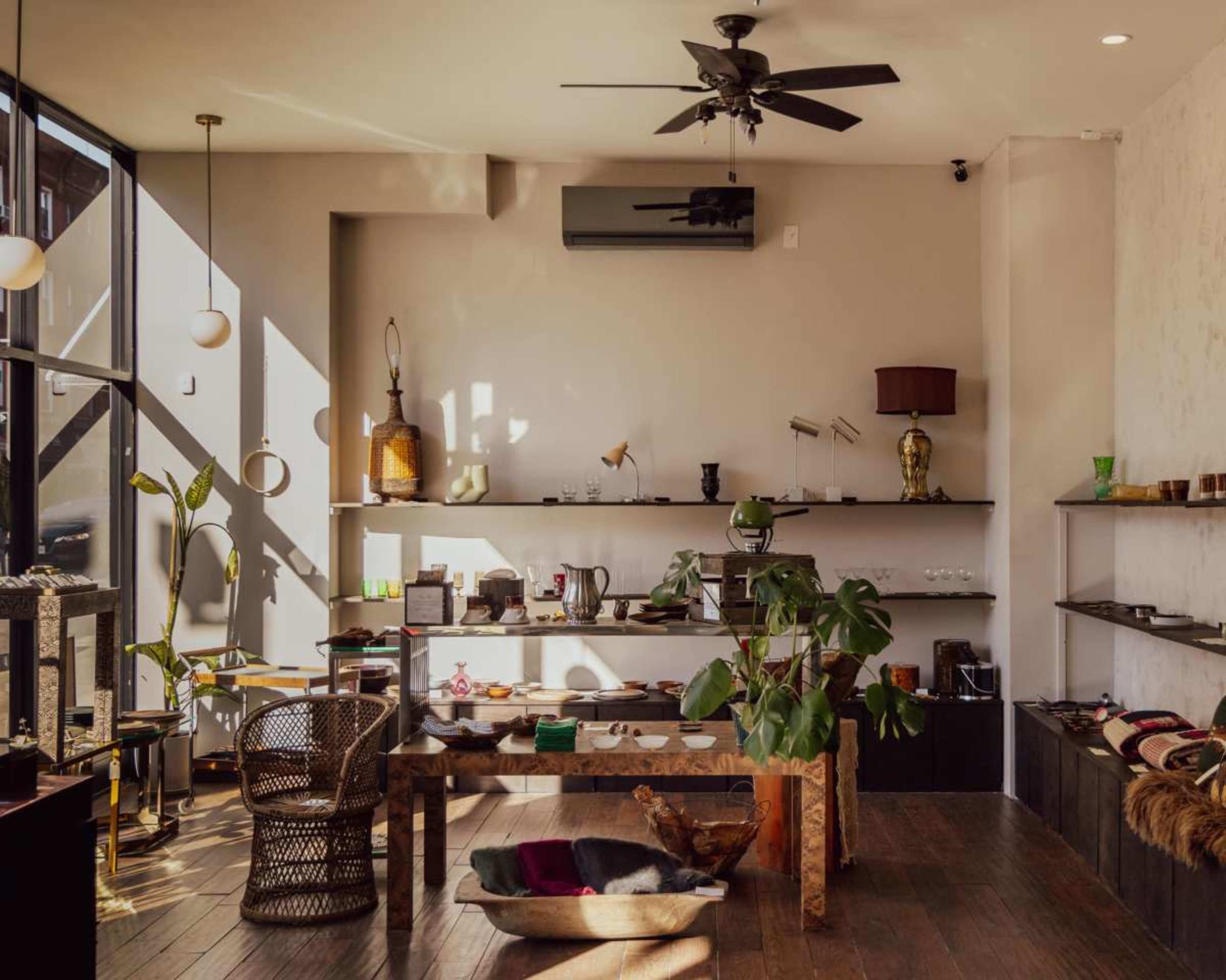 A modern shop interior features a mix of wooden furniture, various decorative items on shelves, and natural light streaming through large windows.