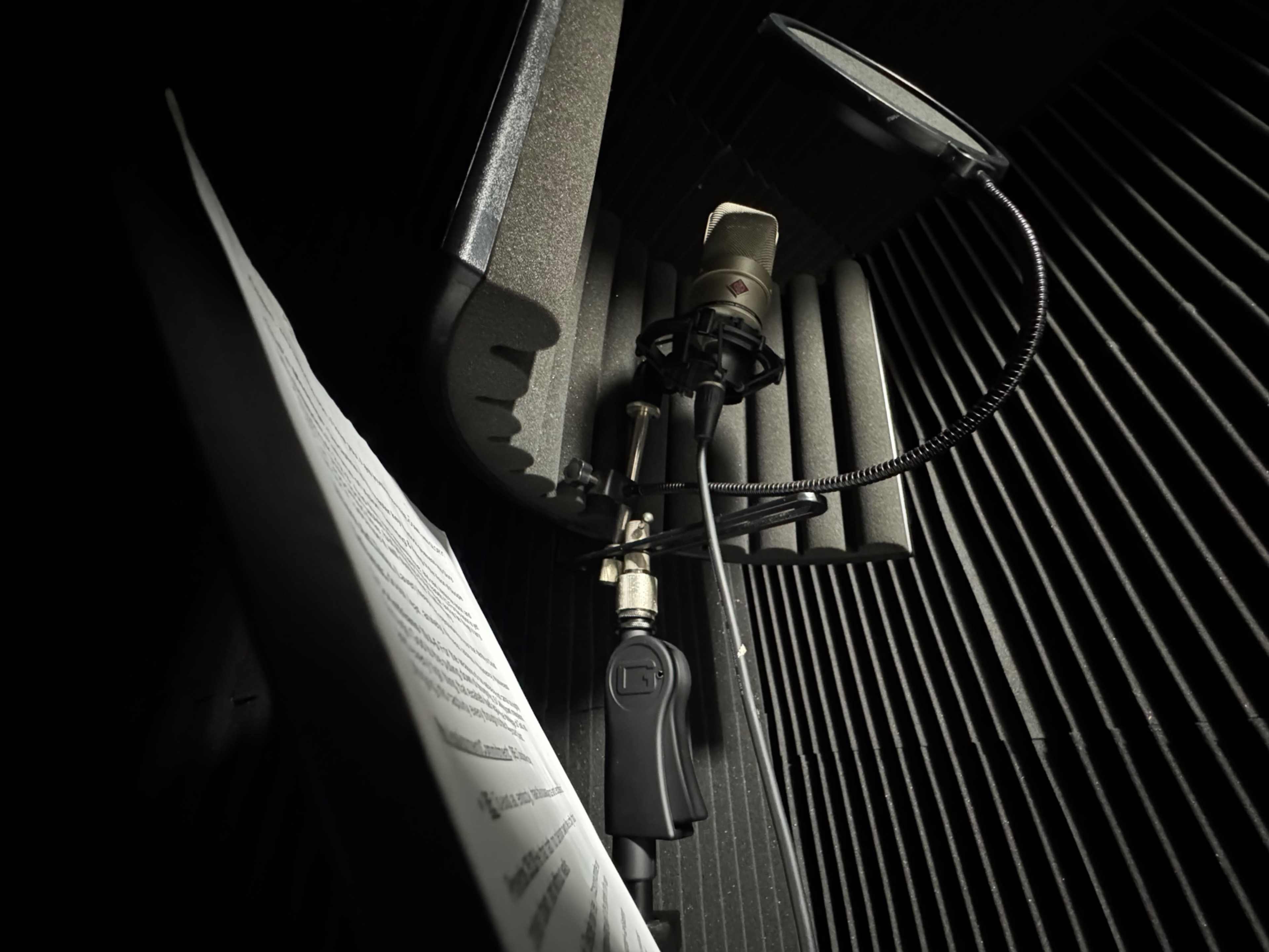 The image shows a microphone mounted on an adjustable arm inside a soundproof recording booth, with a sheet of music resting nearby.