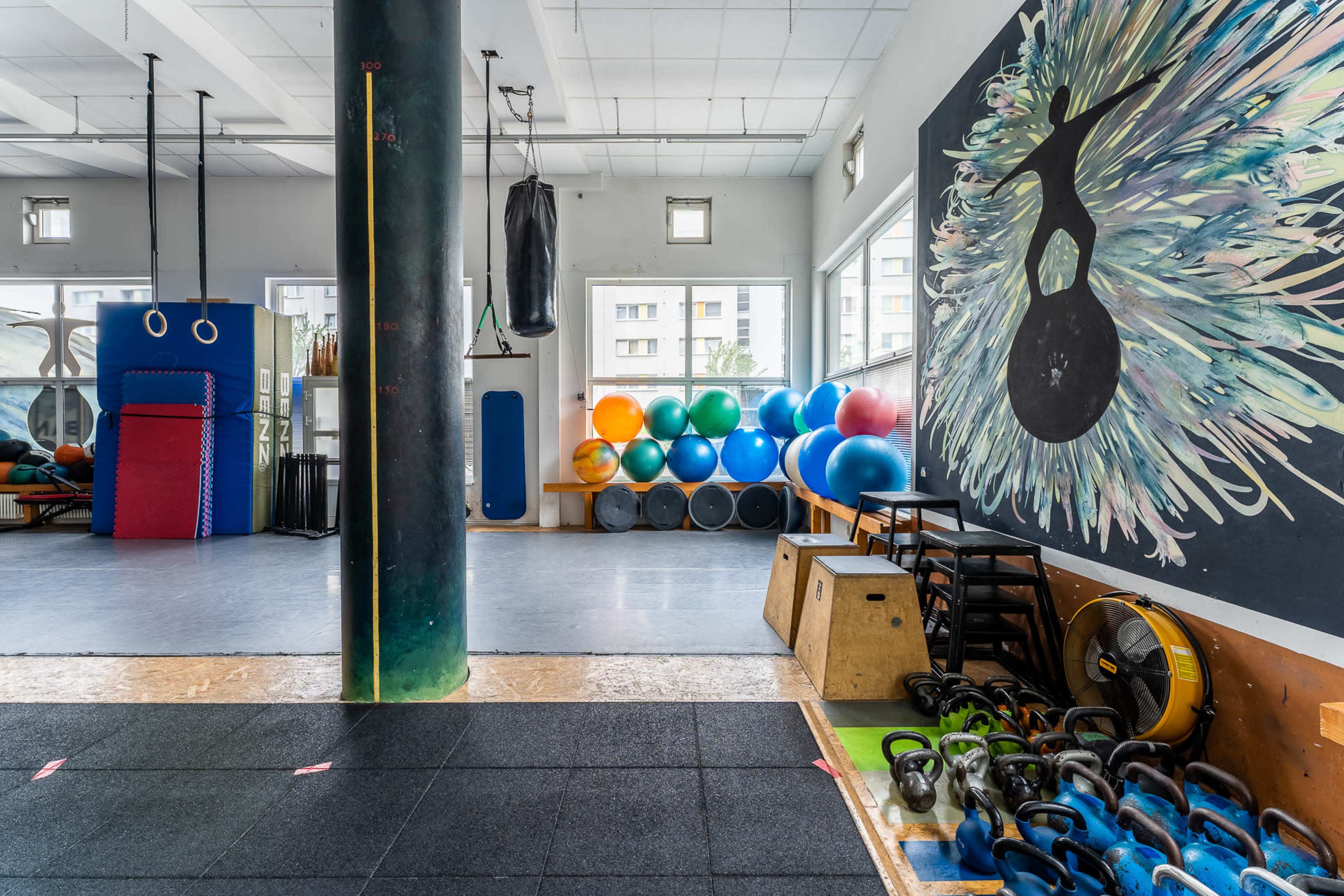 A fitness studio with exercise equipment, including kettlebells, stability balls, a punching bag, and various workout stations.