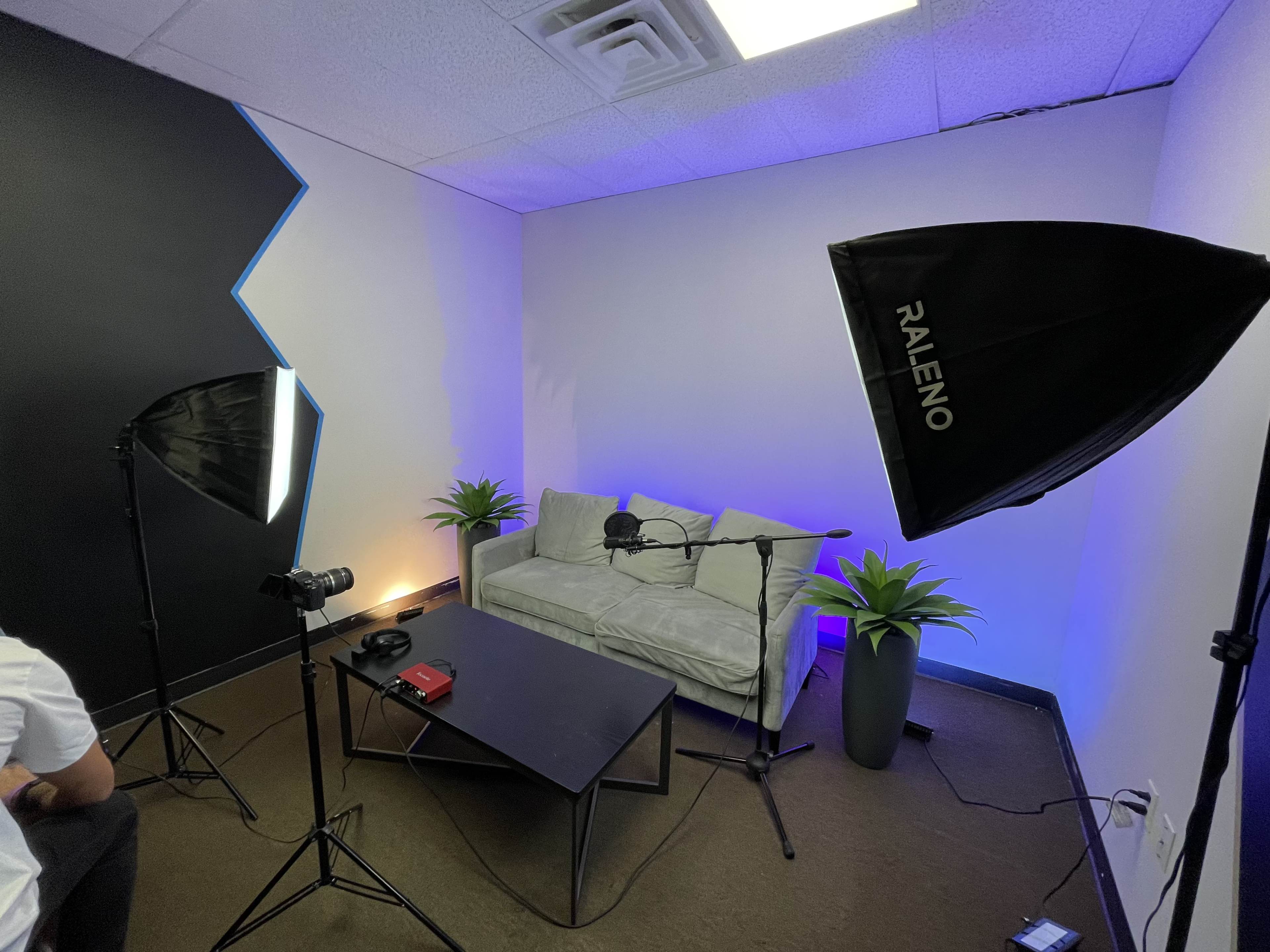 The image shows a small studio setup with a gray sofa, a microphone on a stand, two softbox lights, and a camera placed on a table surrounded by plants.