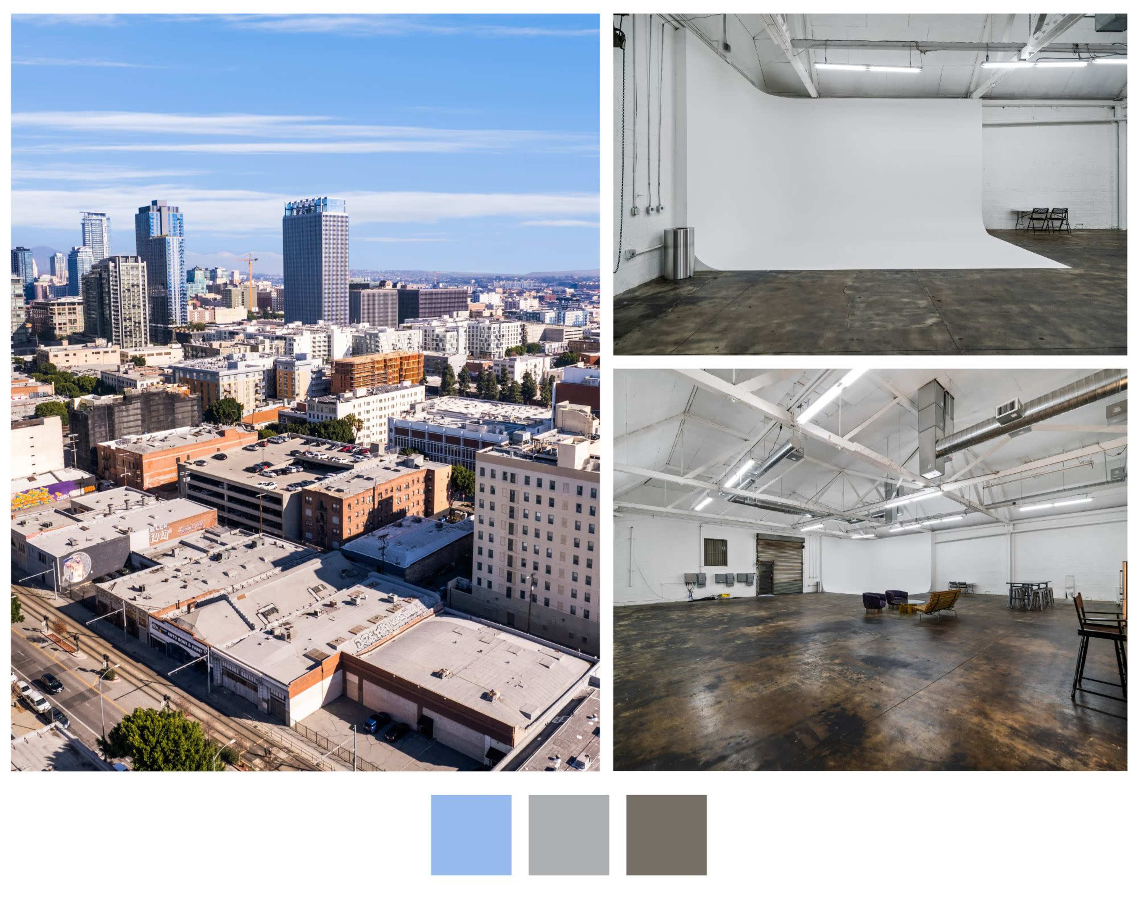 An aerial view of a cityscape on the left, with a simple blank studio space on the right, featuring a white backdrop and concrete floors.