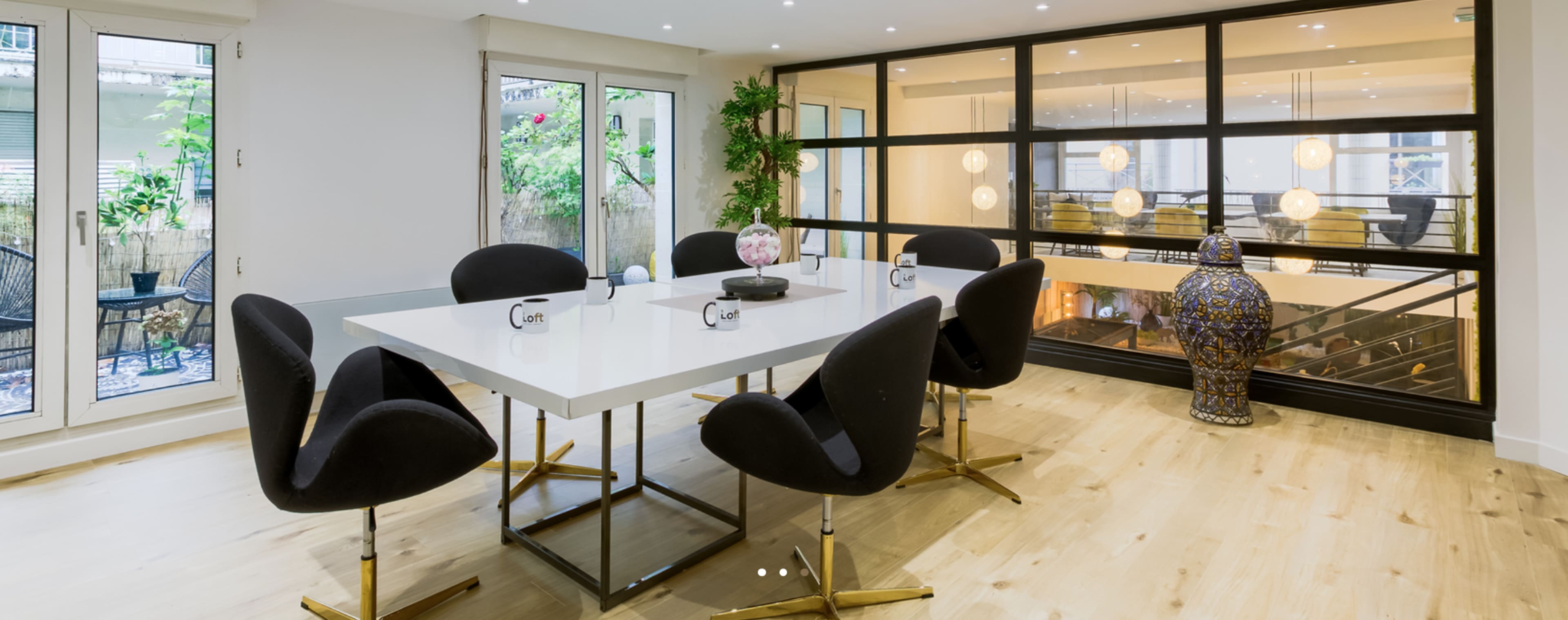 The image shows a modern meeting room with a white table surrounded by black chairs, large windows, and decorative plants.