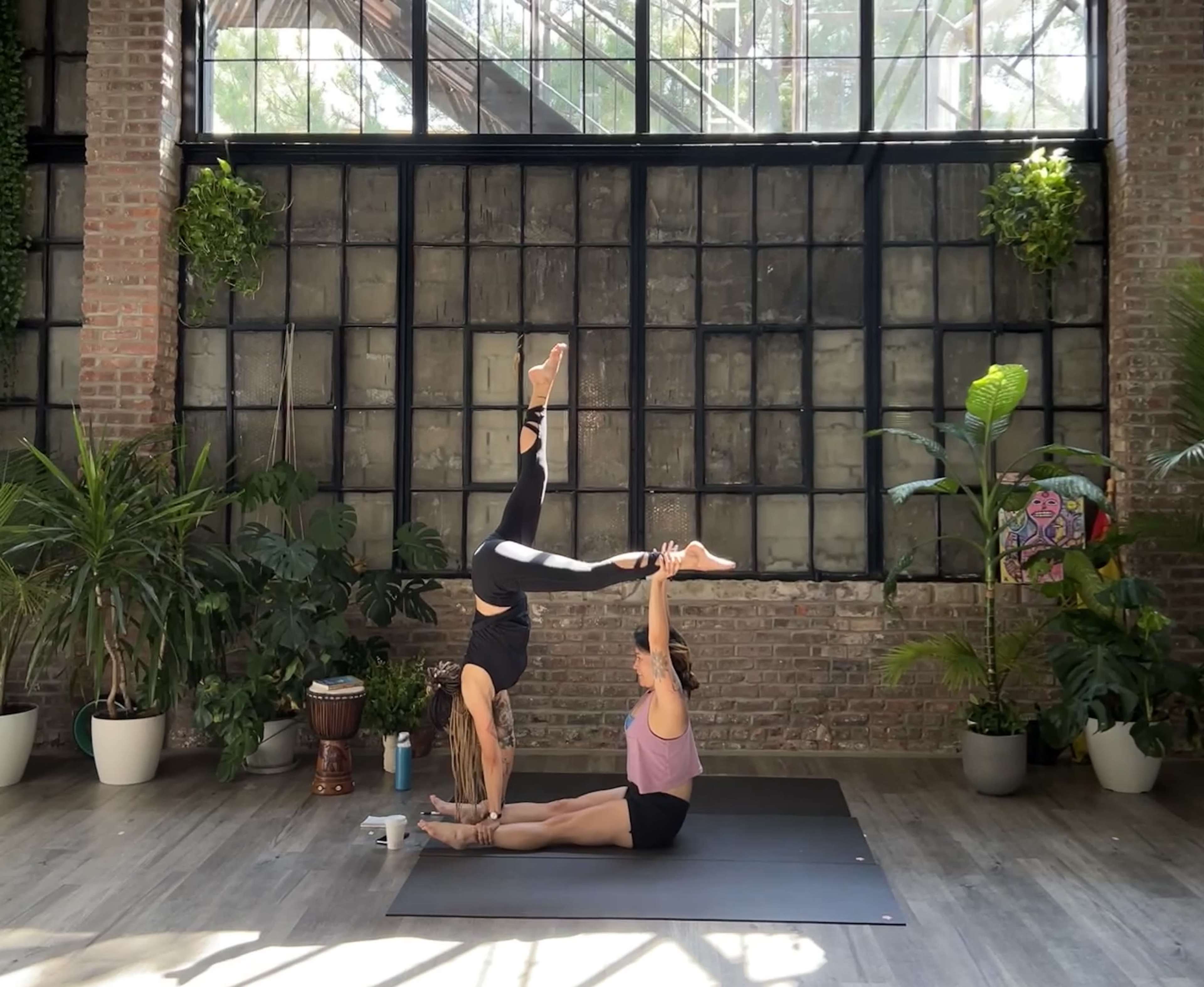 Two women perform an acrobatic pose in a spacious studio filled with plants and natural light.