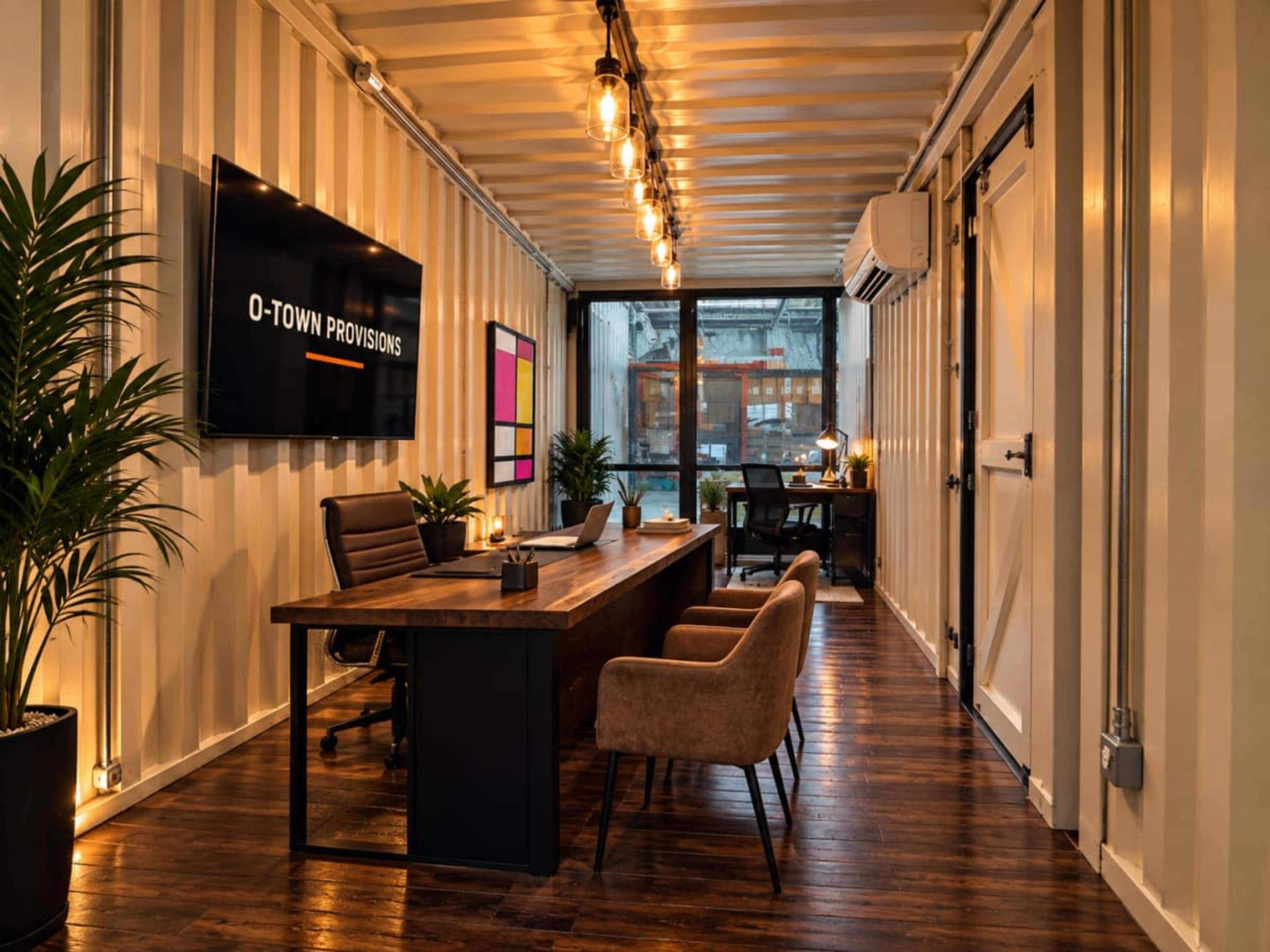 The image shows a modern office space inside a repurposed shipping container, featuring a large wooden desk, comfortable seating, plants, and a television screen mounted on the wall.
