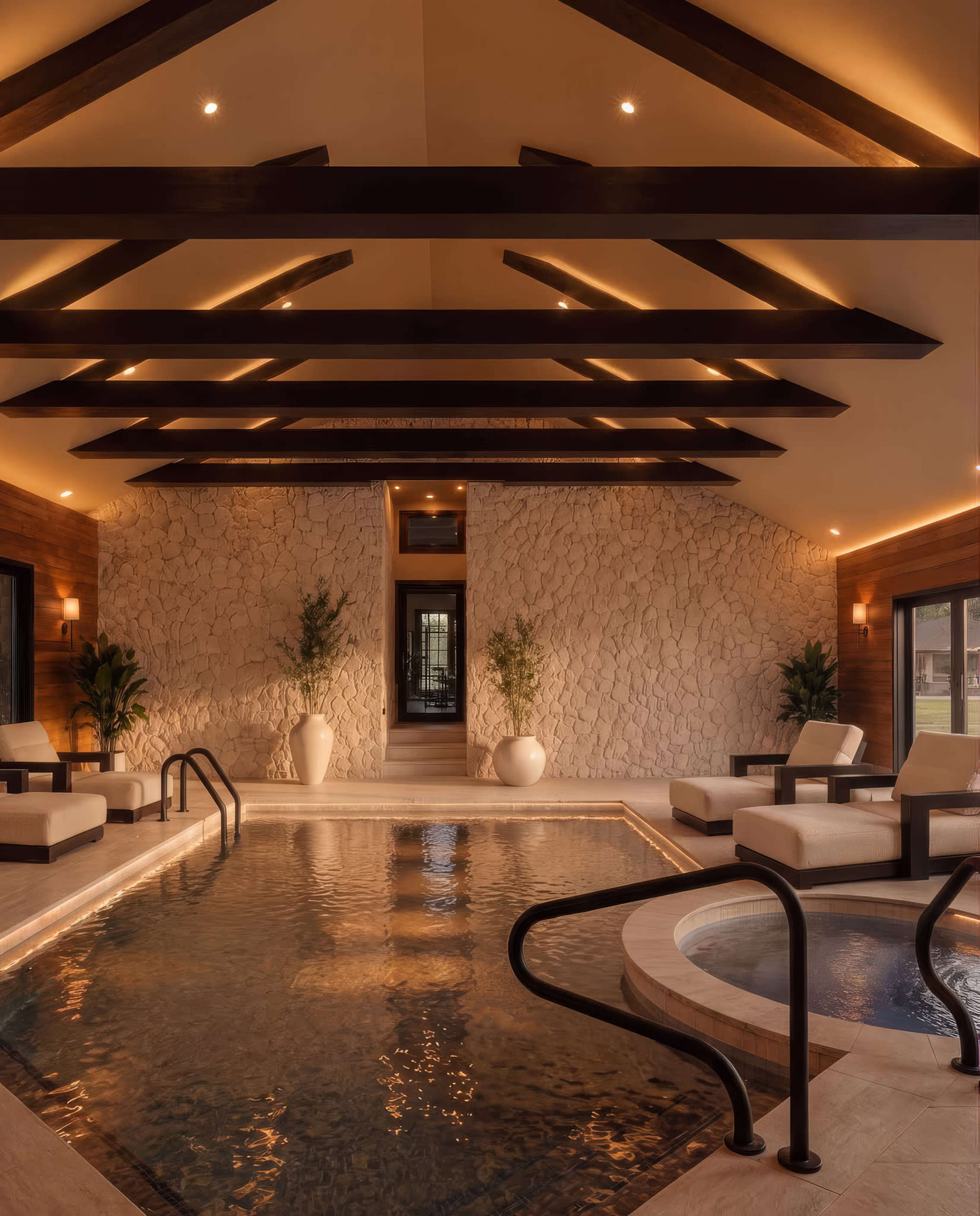 The image shows a spacious indoor pool area featuring elegant seating, stone walls, and modern lighting elements.