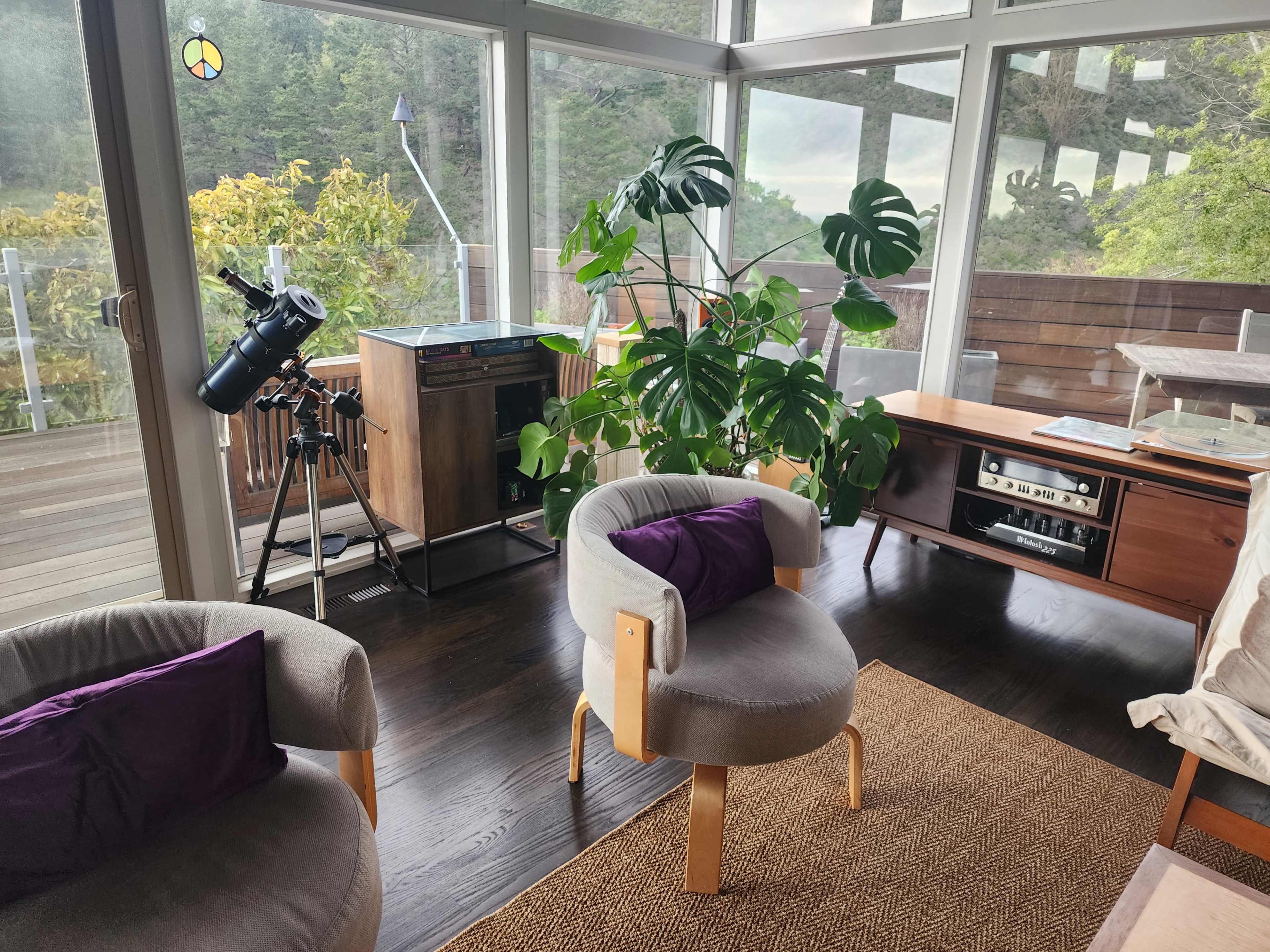 The image shows a modern living space with two upholstered armchairs, a large plant, a telescope on a stand, and a wooden console against a glass wall overlooking greenery.