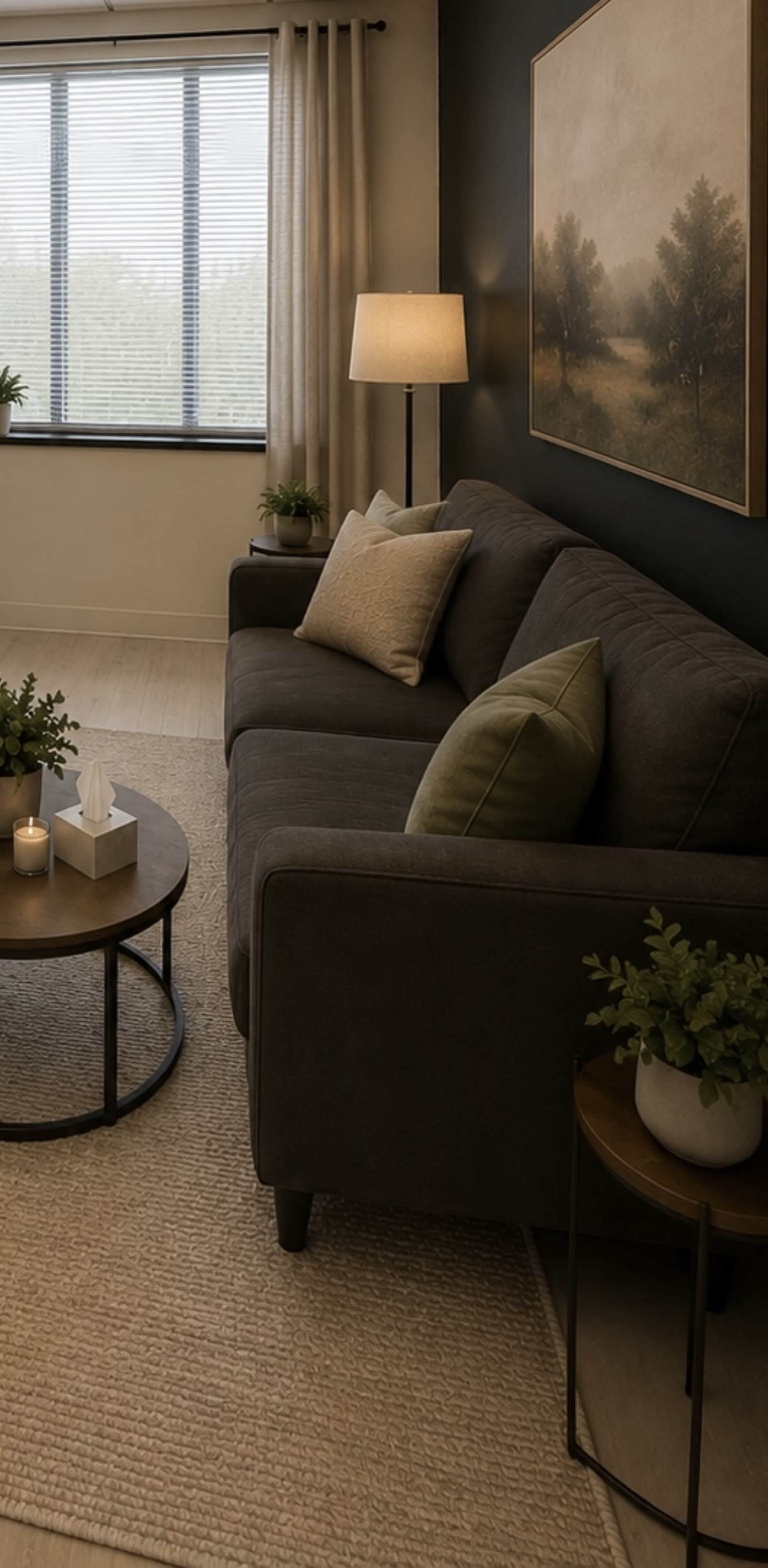 The image shows a cozy living room featuring a dark sofa with decorative pillows, a round coffee table, and a lamp, all illuminated by soft natural light coming through a large window.