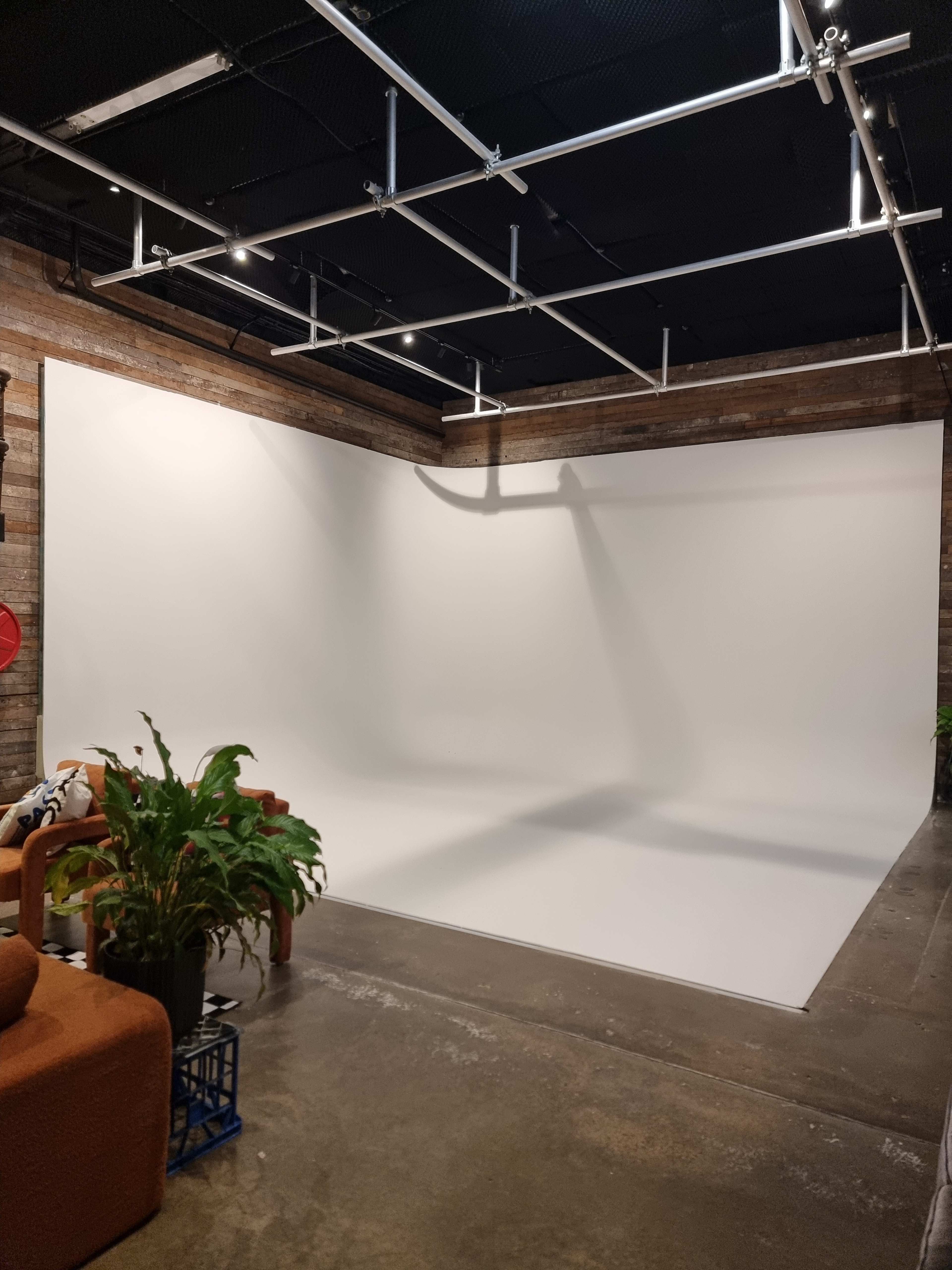 The image shows a spacious studio with a large white backdrop, wooden walls, a concrete floor, and some greenery in the corner.