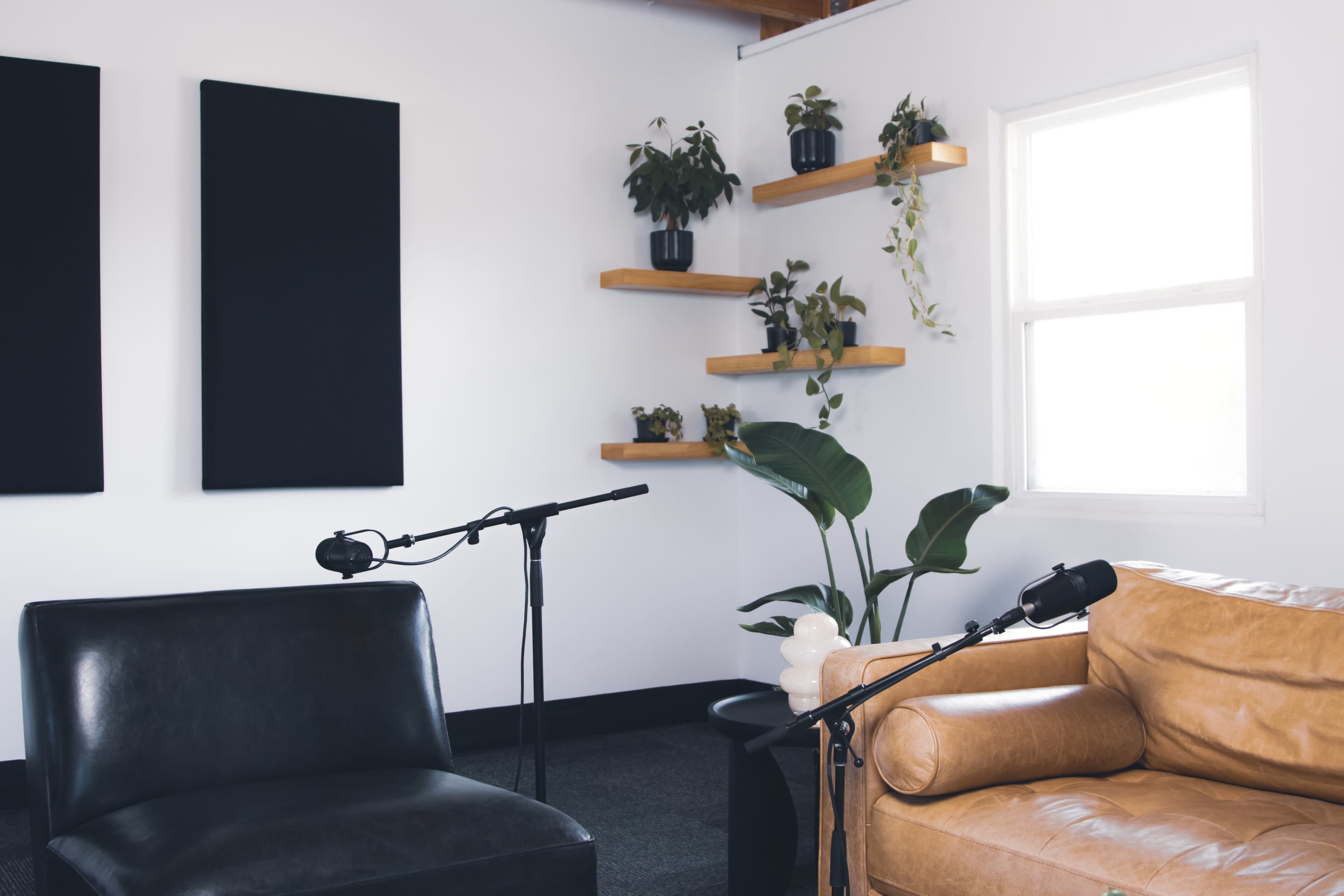 The image shows a recording studio corner featuring two chairs, microphones on stands, and a shelf with plants against a white wall.