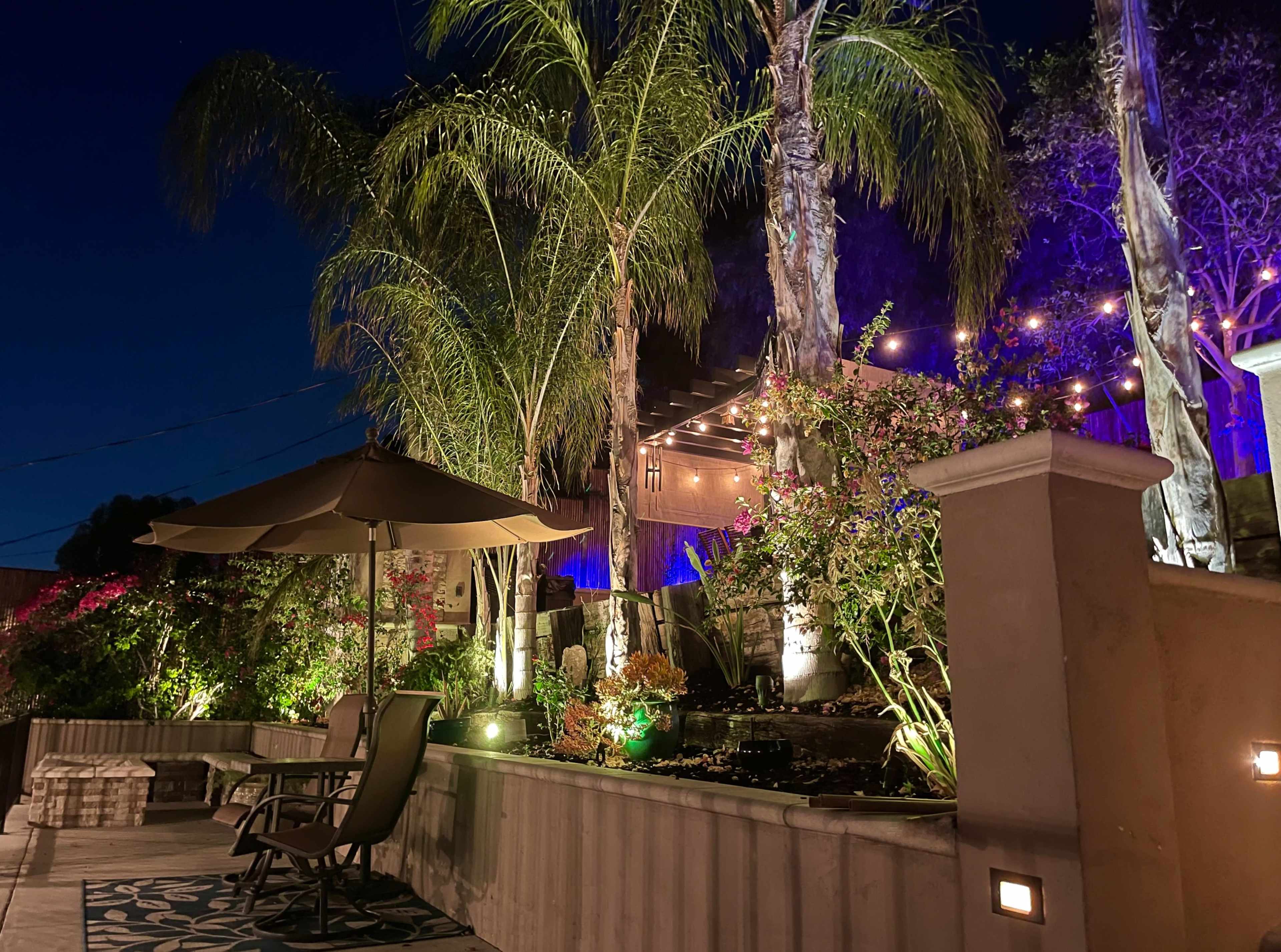 The scene features a patio with lounge chairs and an umbrella, surrounded by palm trees and illuminated by string lights and garden lighting at night.