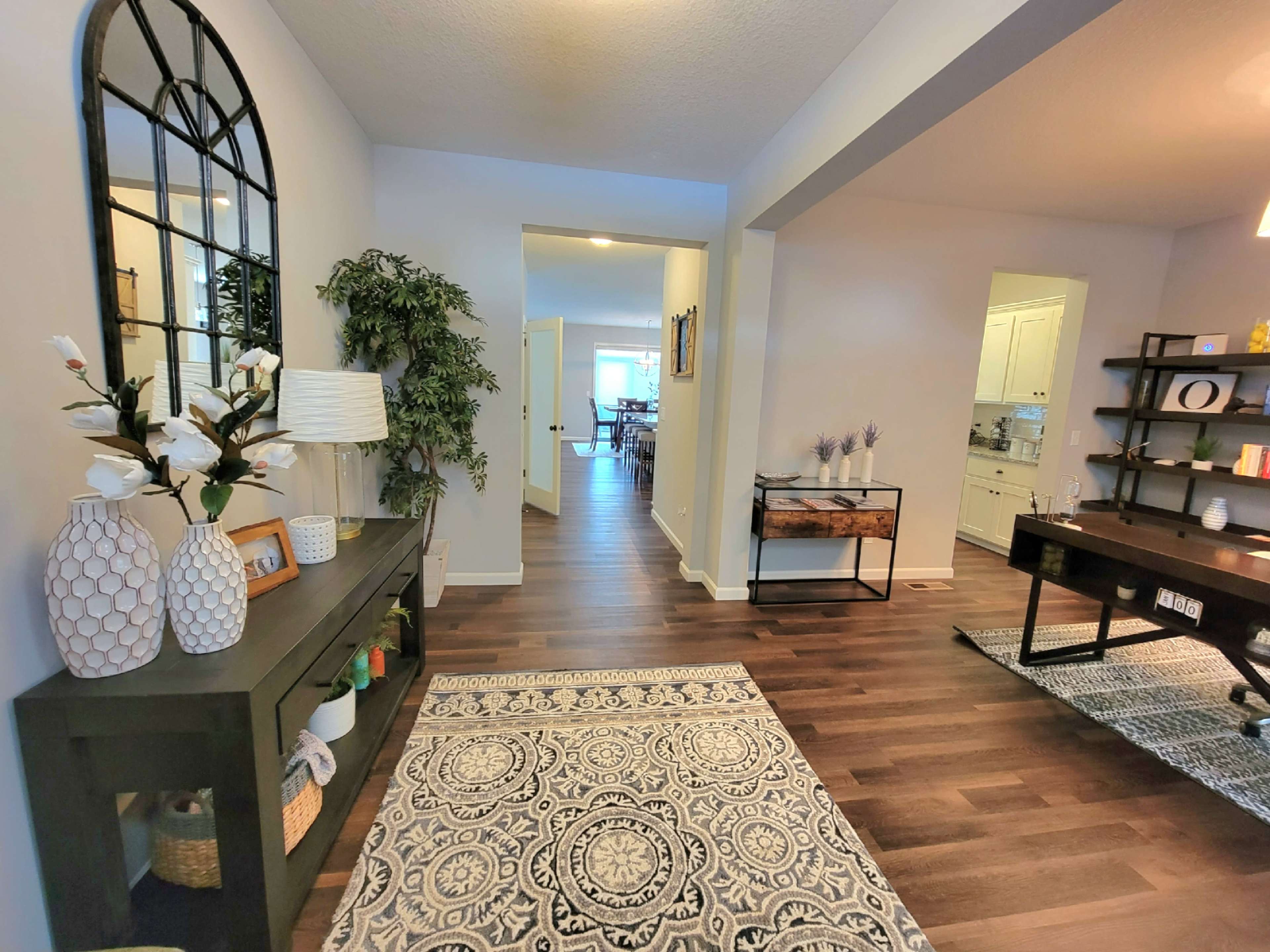 A modern foyer with a decorative console table, potted plants, and a patterned area rug, leading to an open living space in the background.