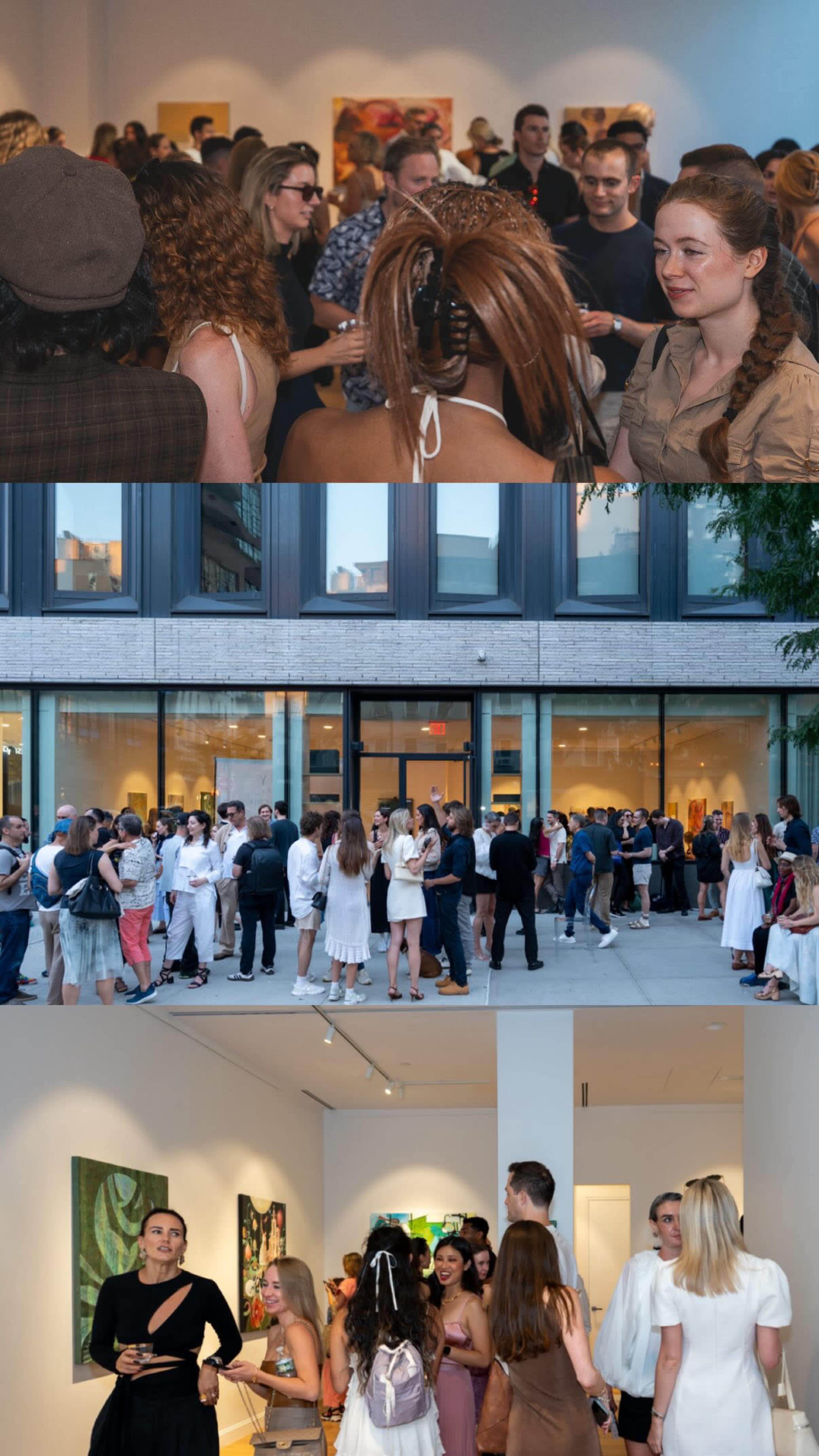 The images show attendees gathered at an art gallery opening, with social interaction both inside and outside the venue.