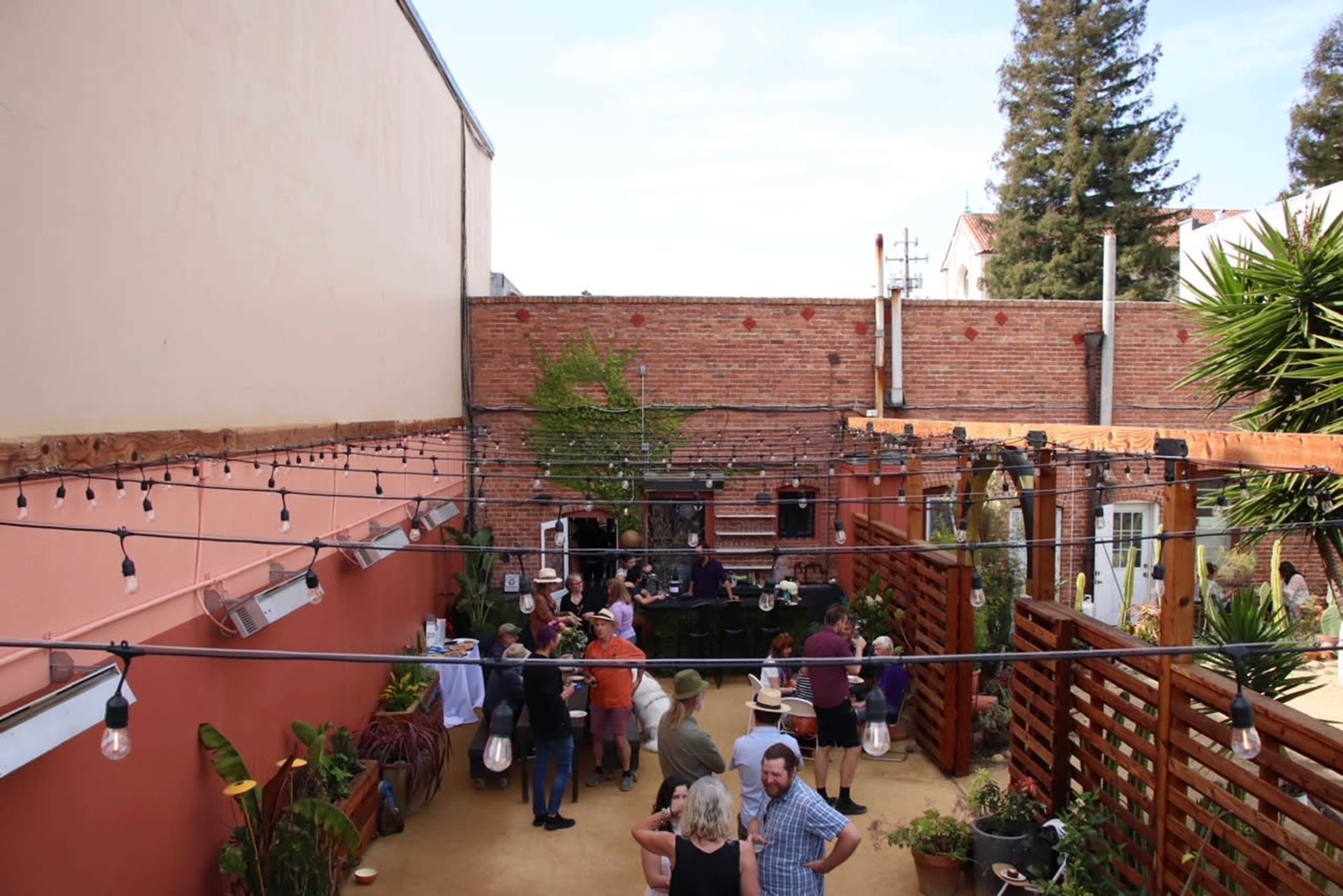 A courtyard filled with people chatting and mingling, surrounded by string lights and greenery.