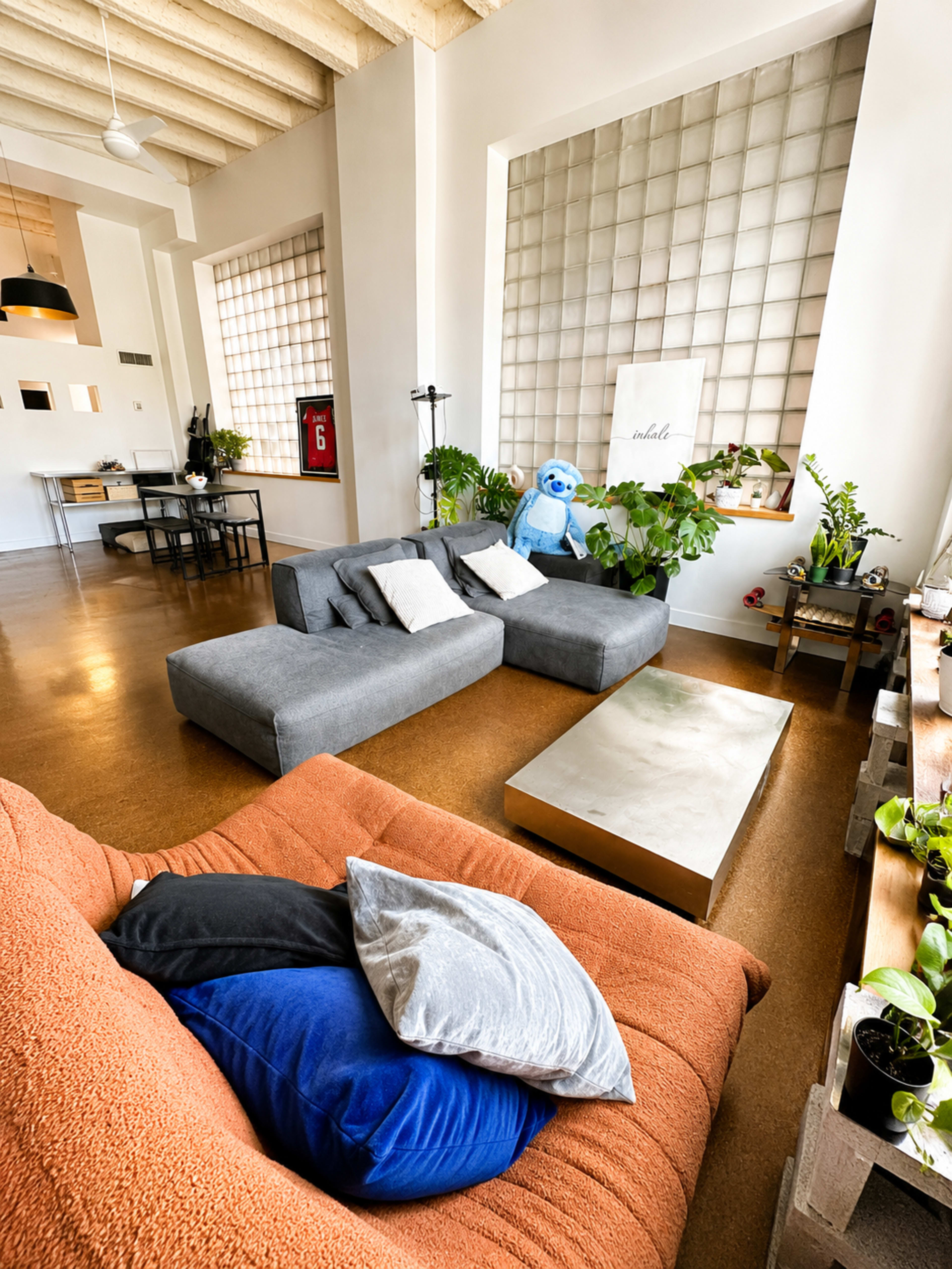 The image shows a modern living room with two distinct sofas, a coffee table, and numerous plants, featuring large glass block windows that allow natural light to enter.