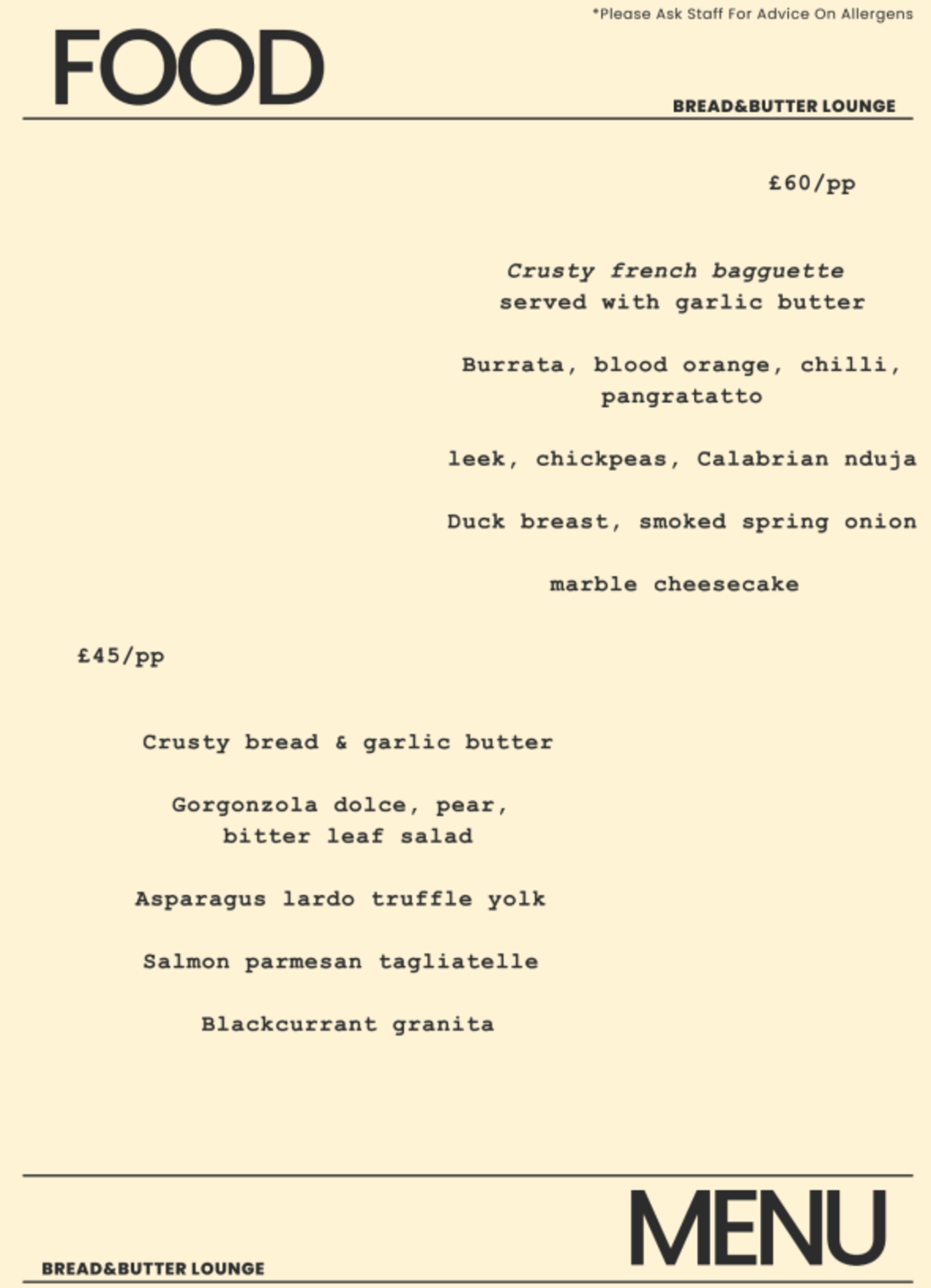 Menu offerings