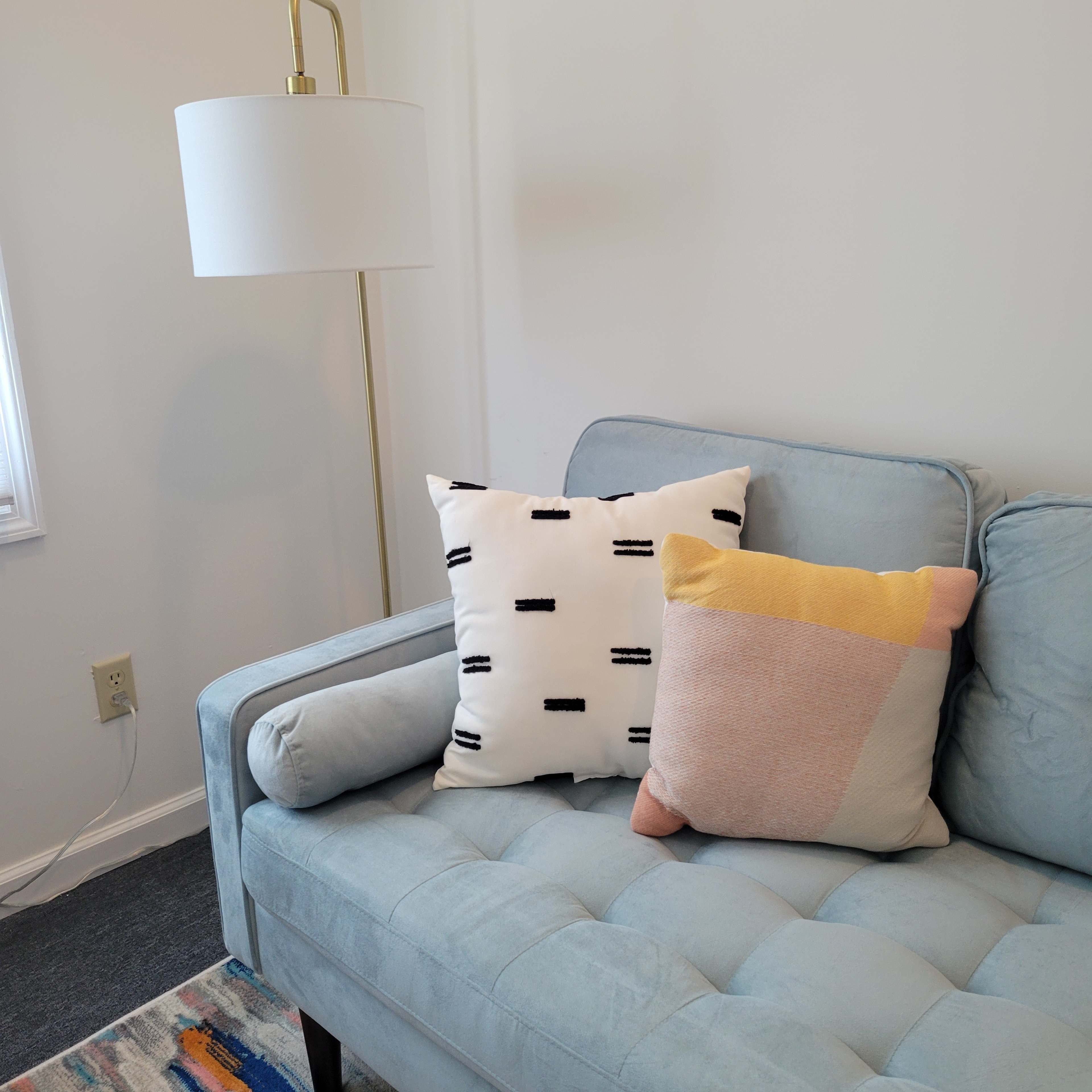 A light blue sofa is adorned with two decorative pillows, one featuring a black and white pattern and the other in pastel colors.