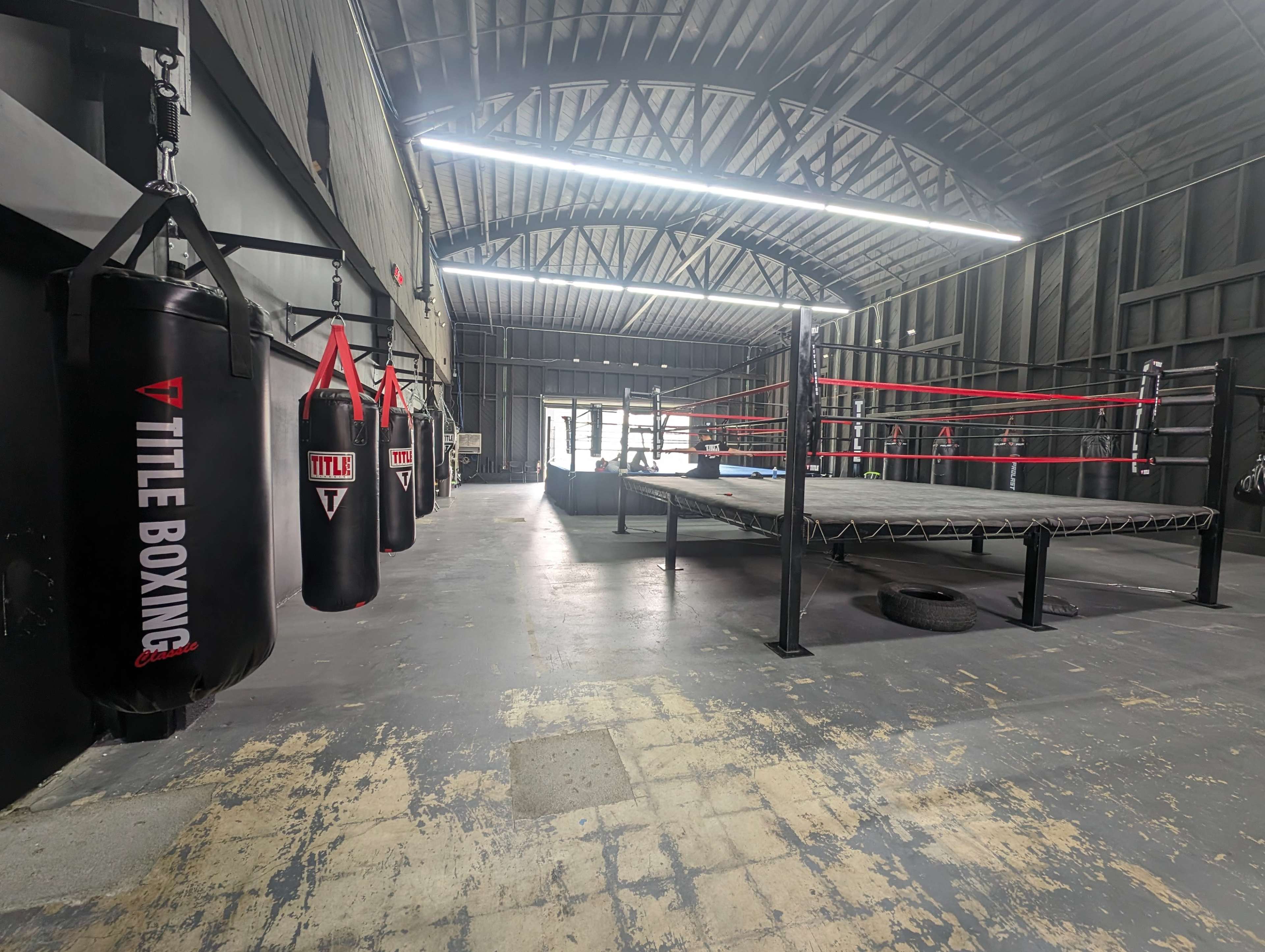 A boxing gym featuring hanging punching bags and a boxing ring surrounded by a clear floor space.