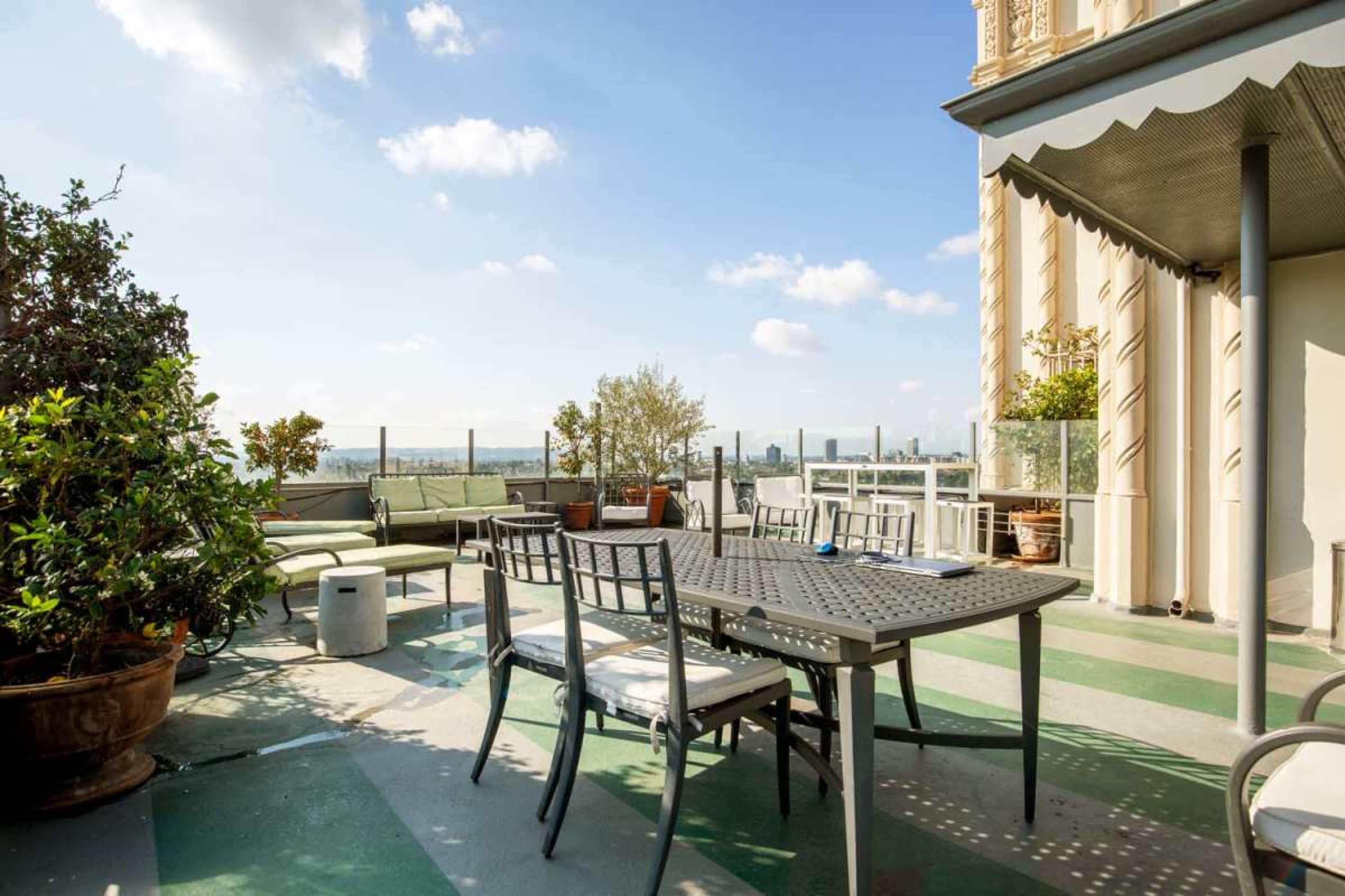The image shows a rooftop terrace with a dining table, chairs, and various potted plants against a backdrop of a clear sky and city skyline.