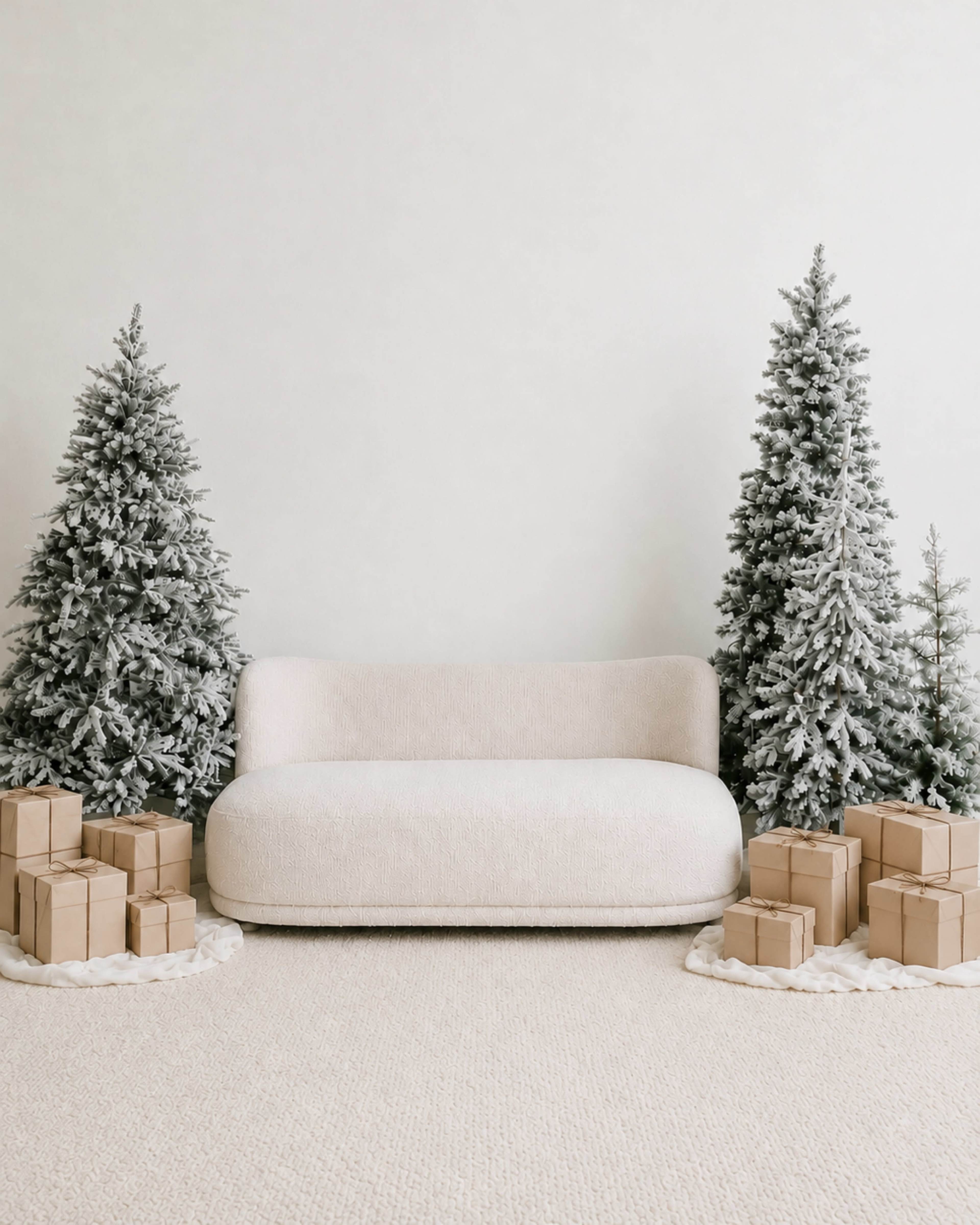 A light-colored sofa is positioned between two artificial evergreen trees, surrounded by neatly arranged gift boxes.