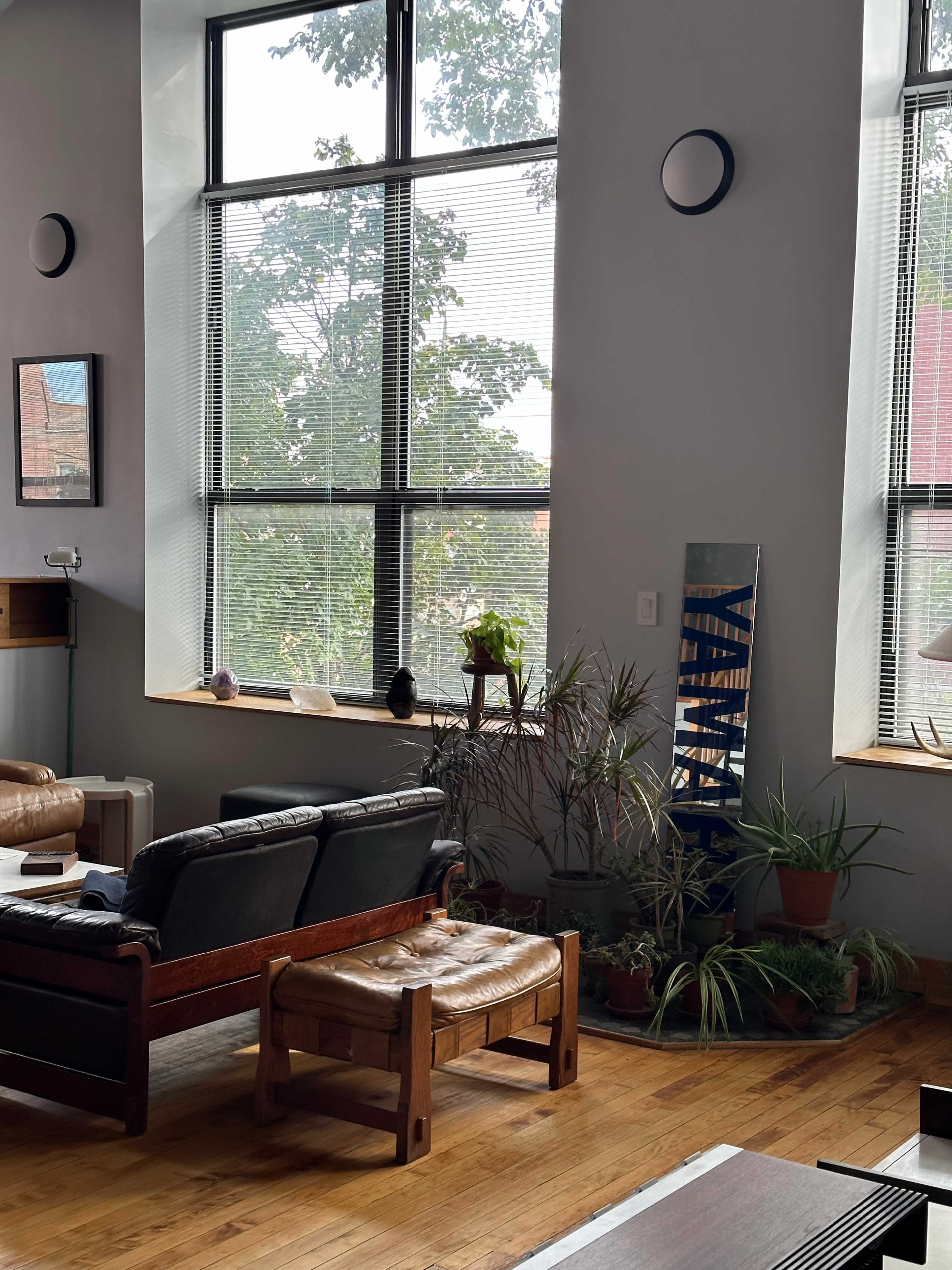 The image shows a cozy living room with large windows, plants near the windowsill, and a combination of wooden furniture and decor.