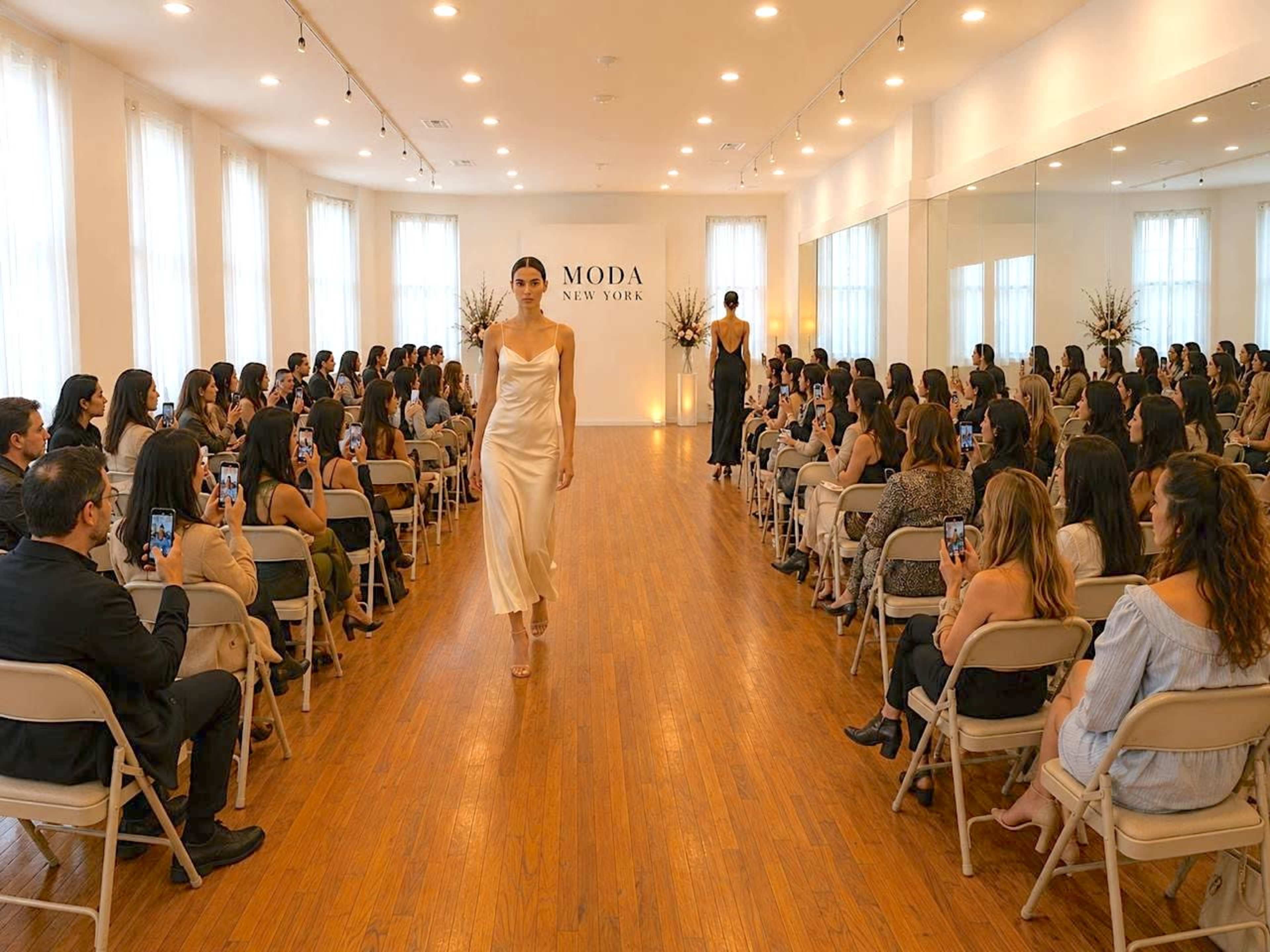 A model walks down a runway during a fashion show in a bright room filled with seated attendees.