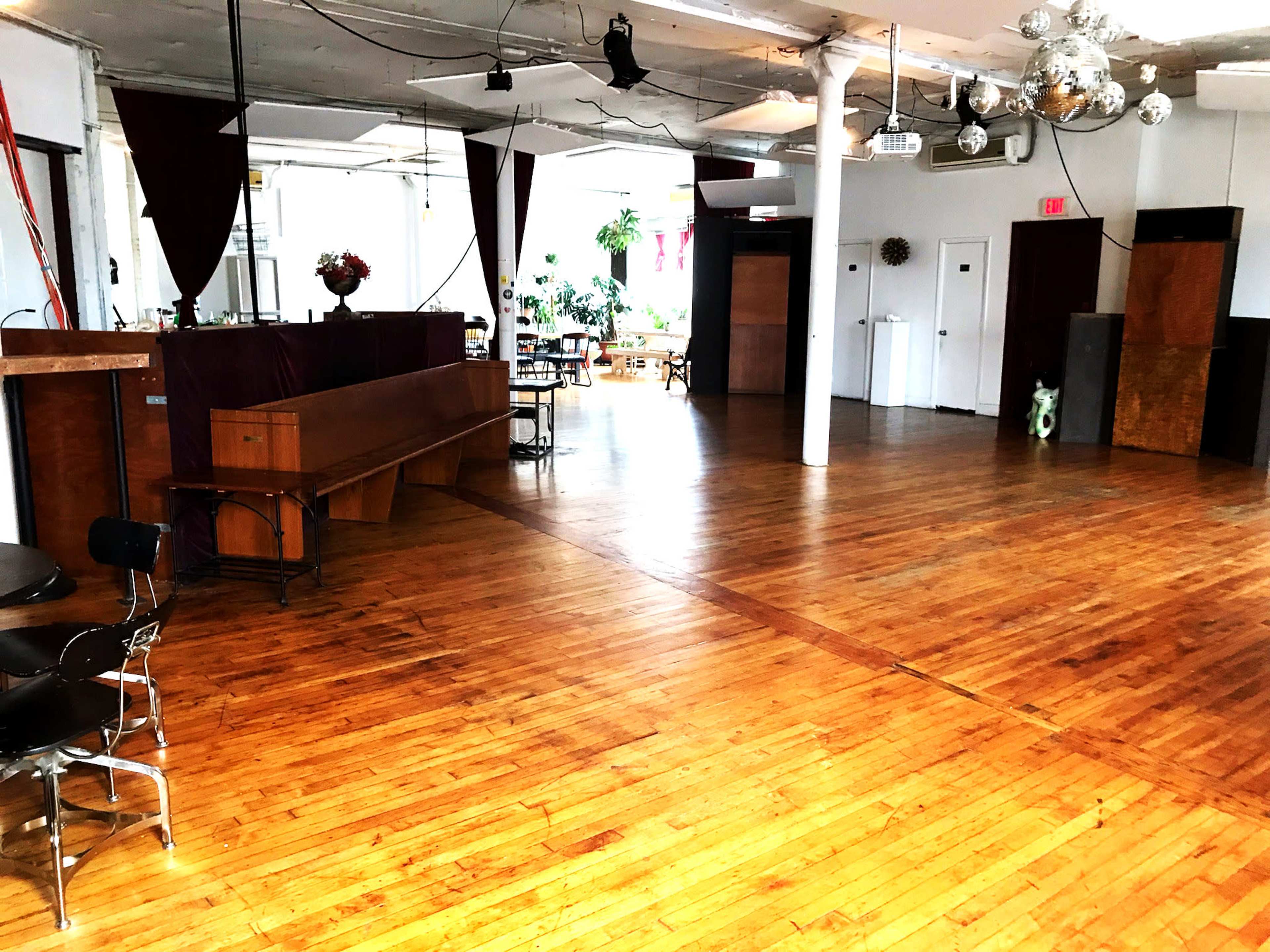 The image shows a spacious, well-lit room with wooden floors, minimal furniture, and large windows, featuring plants and a disco ball.