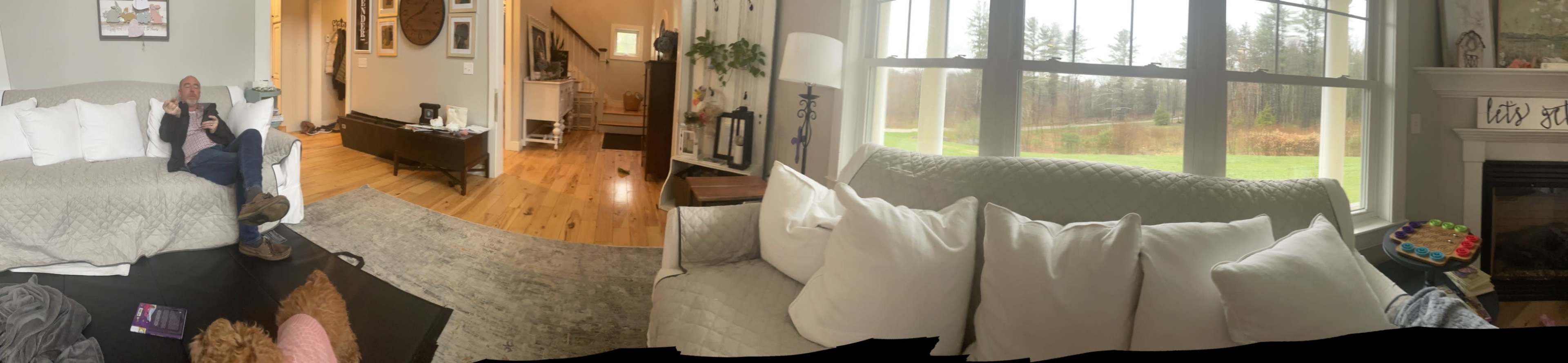 The image shows a cozy living room with a couch, a man sitting on it, and large windows overlooking a grassy area.