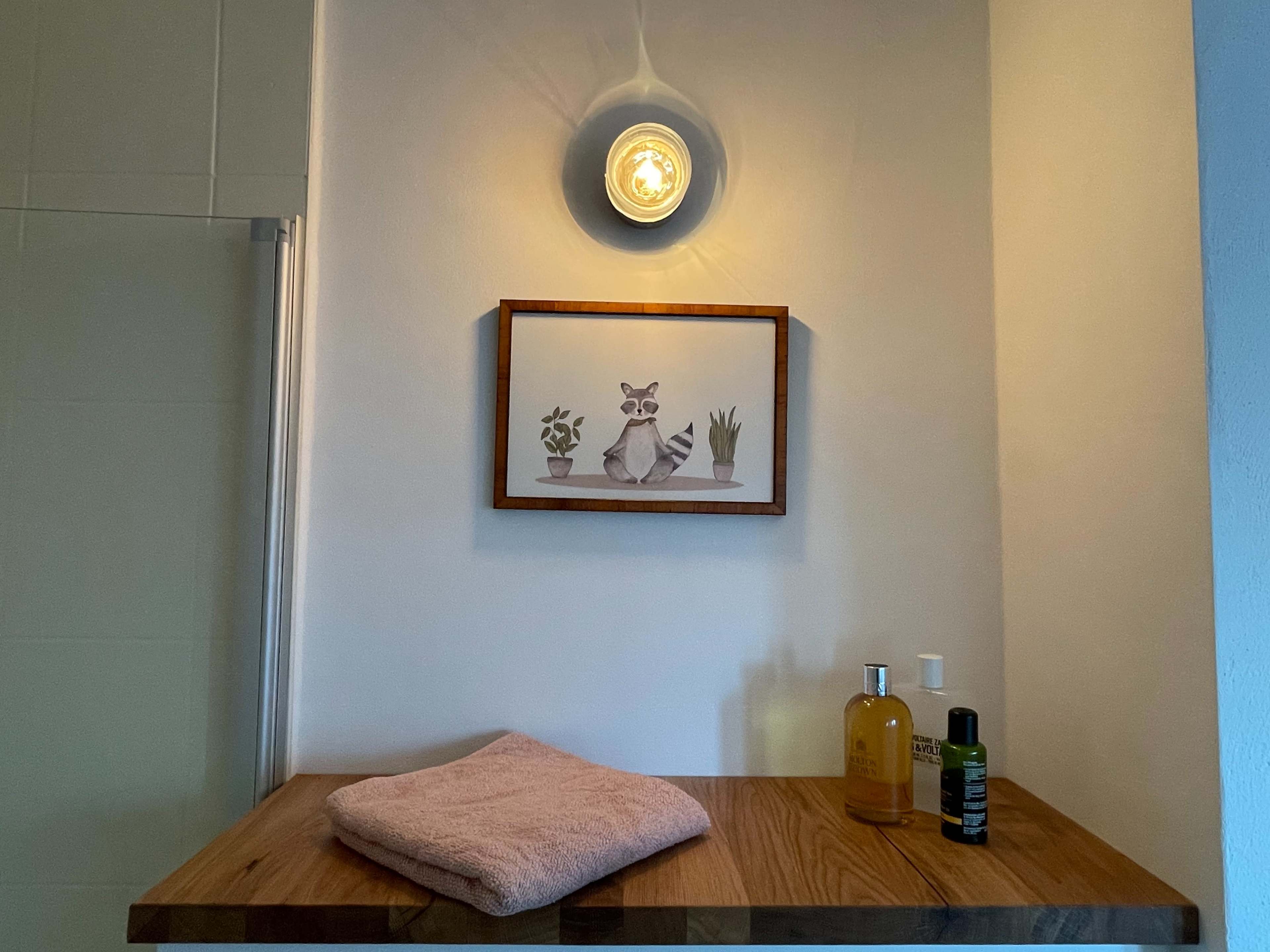 A wooden shelf with a pink towel, two bottles, and a framed illustration of a raccoon is mounted against a light-colored wall.