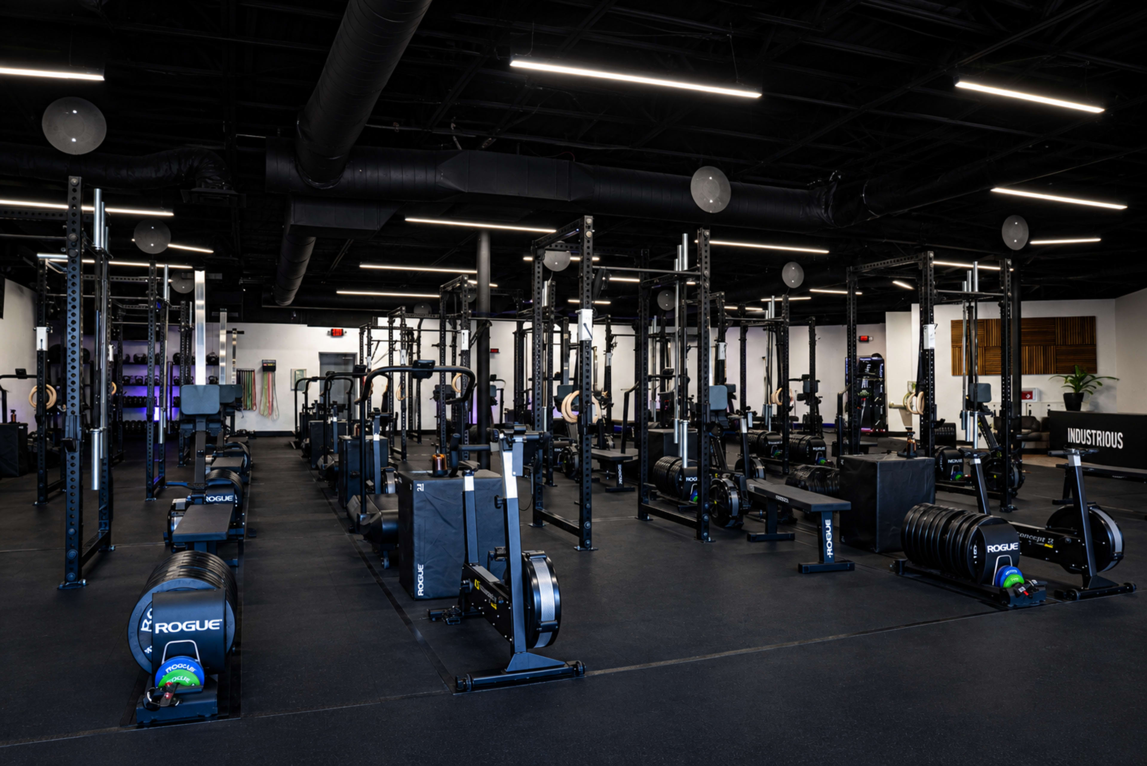 The image shows a spacious gym interior equipped with various fitness machines, weights, and rowing machines arranged in an organized manner.