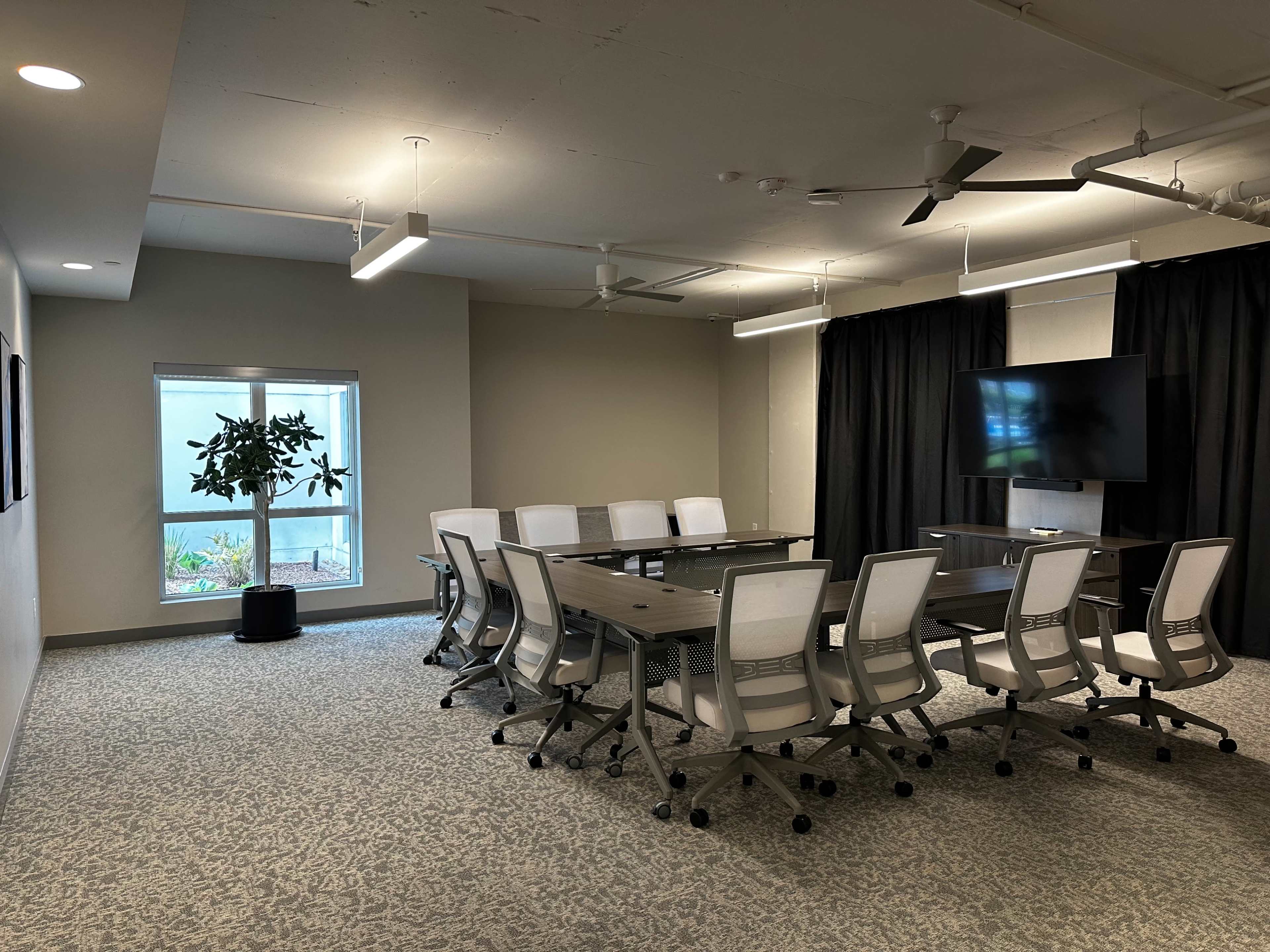 A modern conference room features a long table surrounded by ergonomic chairs, with a large screen and a potted plant near a window.