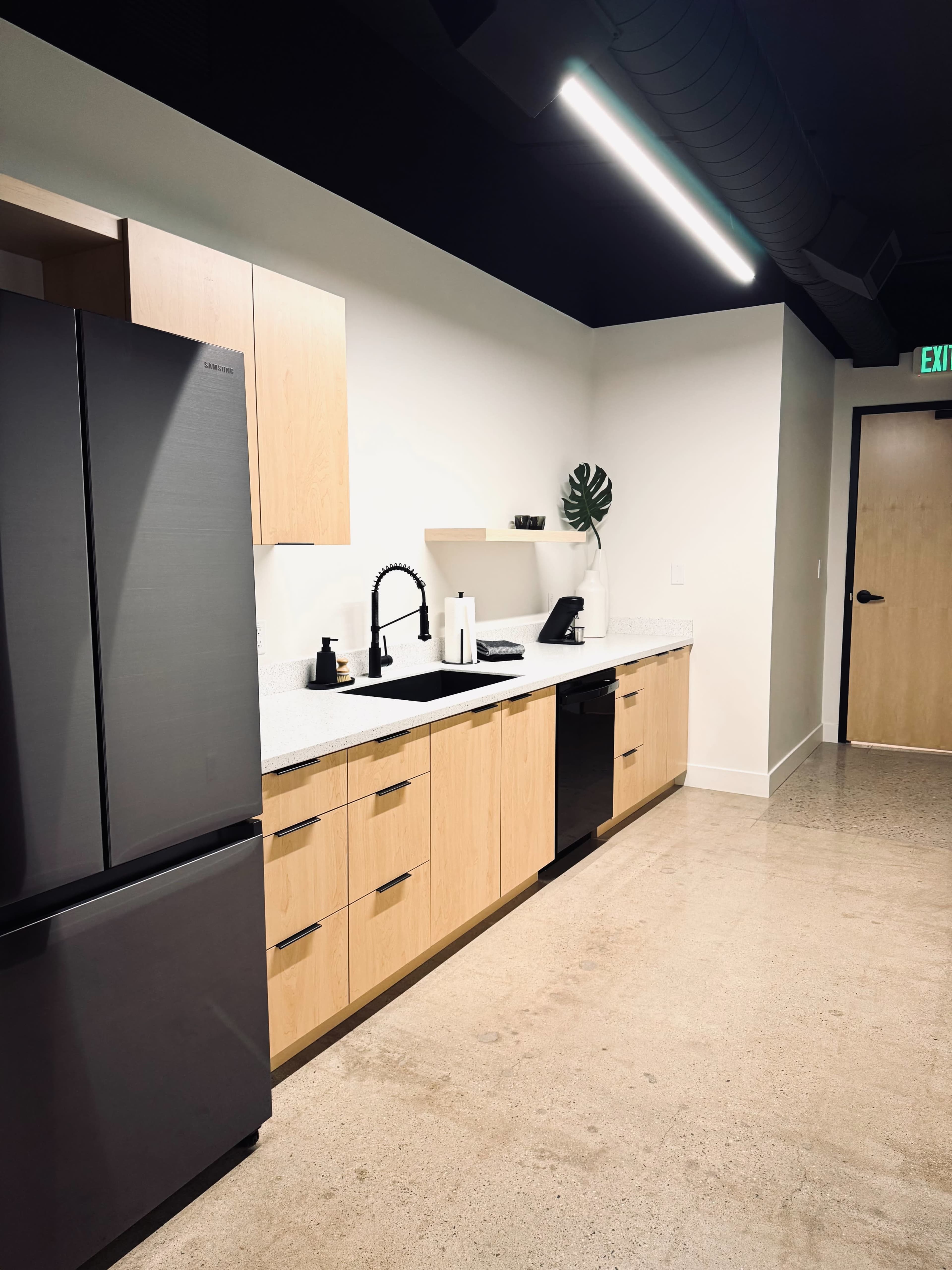 The image shows a modern kitchen area featuring a refrigerator, wooden cabinets, a countertop with a sink, and an accent plant on a shelf.