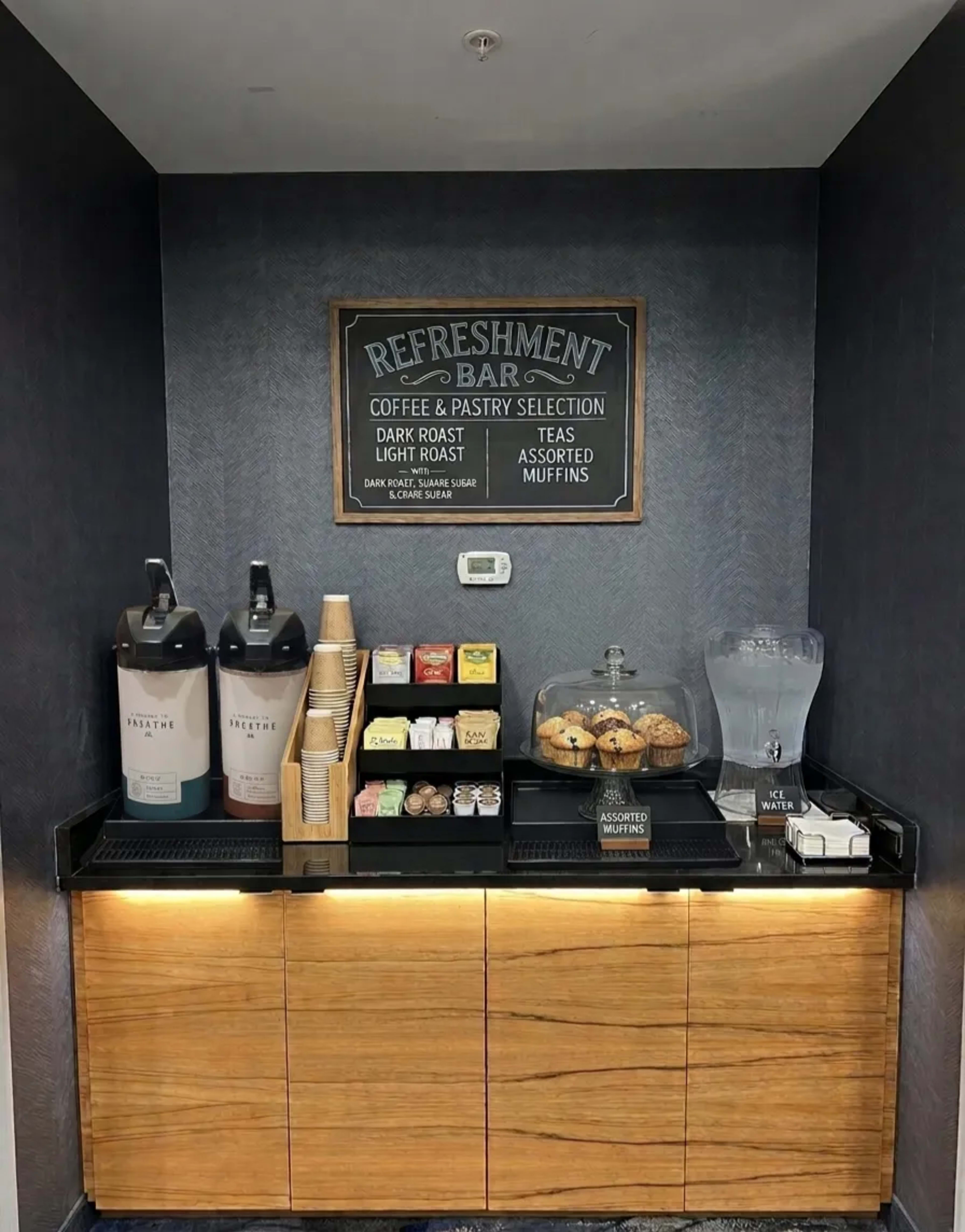 The image shows a refreshment bar with a selection of coffee, tea, pastries, and muffins displayed on a countertop underneath a chalkboard menu.