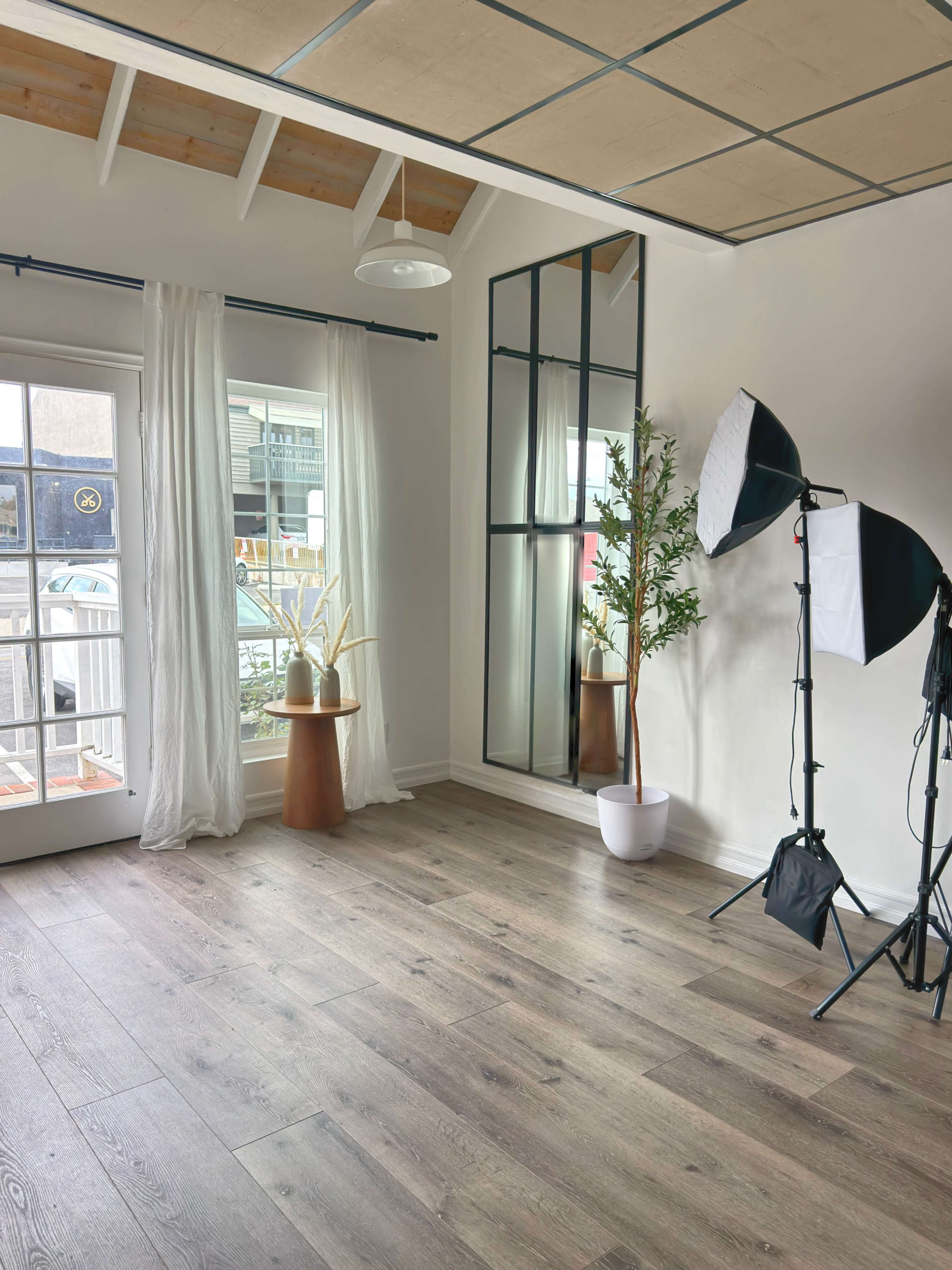 The image shows a well-lit room with wooden flooring, a large mirror, a potted plant, and photography lighting equipment set up near a window.