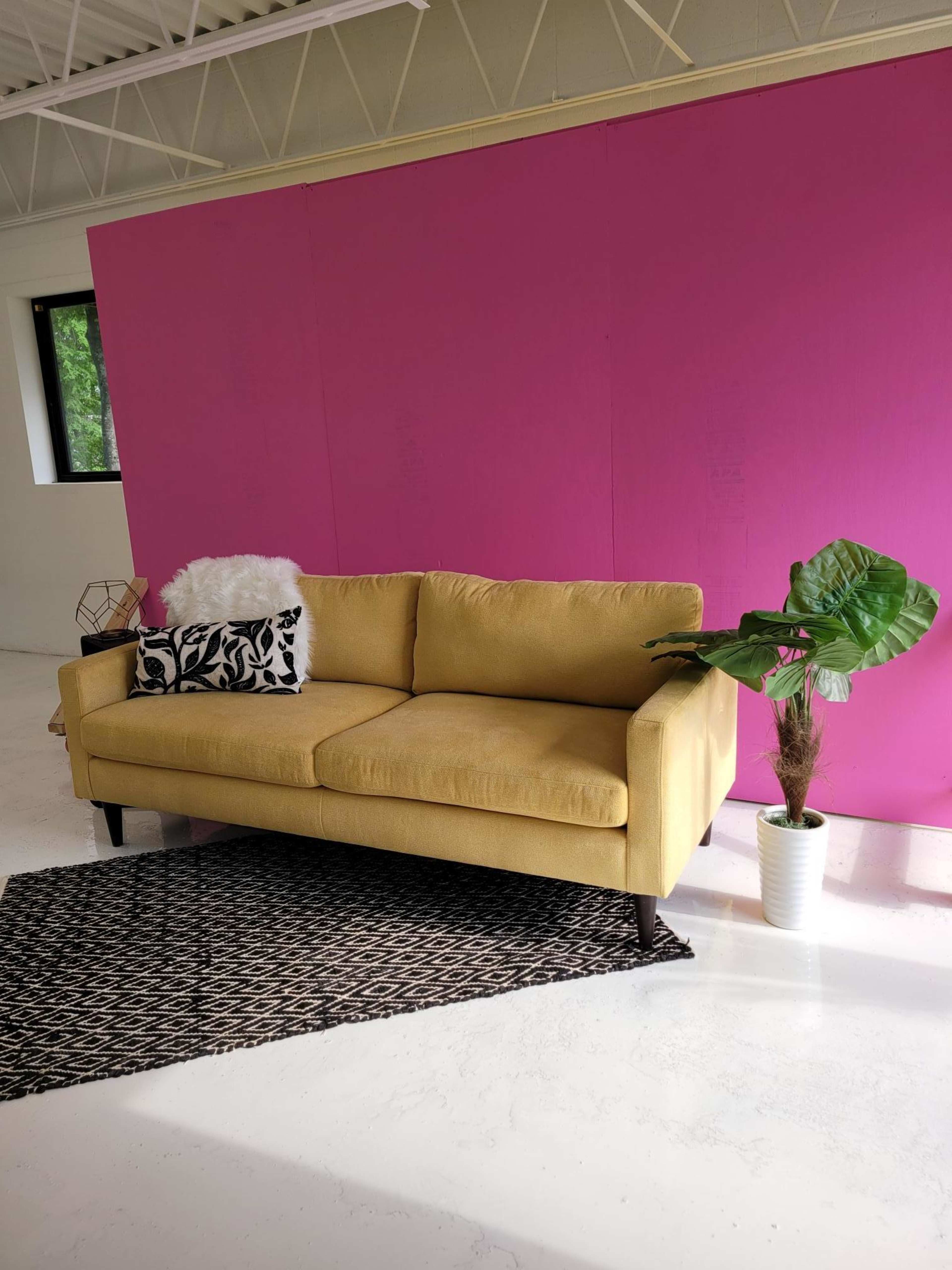 A yellow sofa is positioned against a bright pink wall, accompanied by a patterned throw pillow, a soft white cushion, a decorative plant in a pot, and a black and white rug on the floor.
