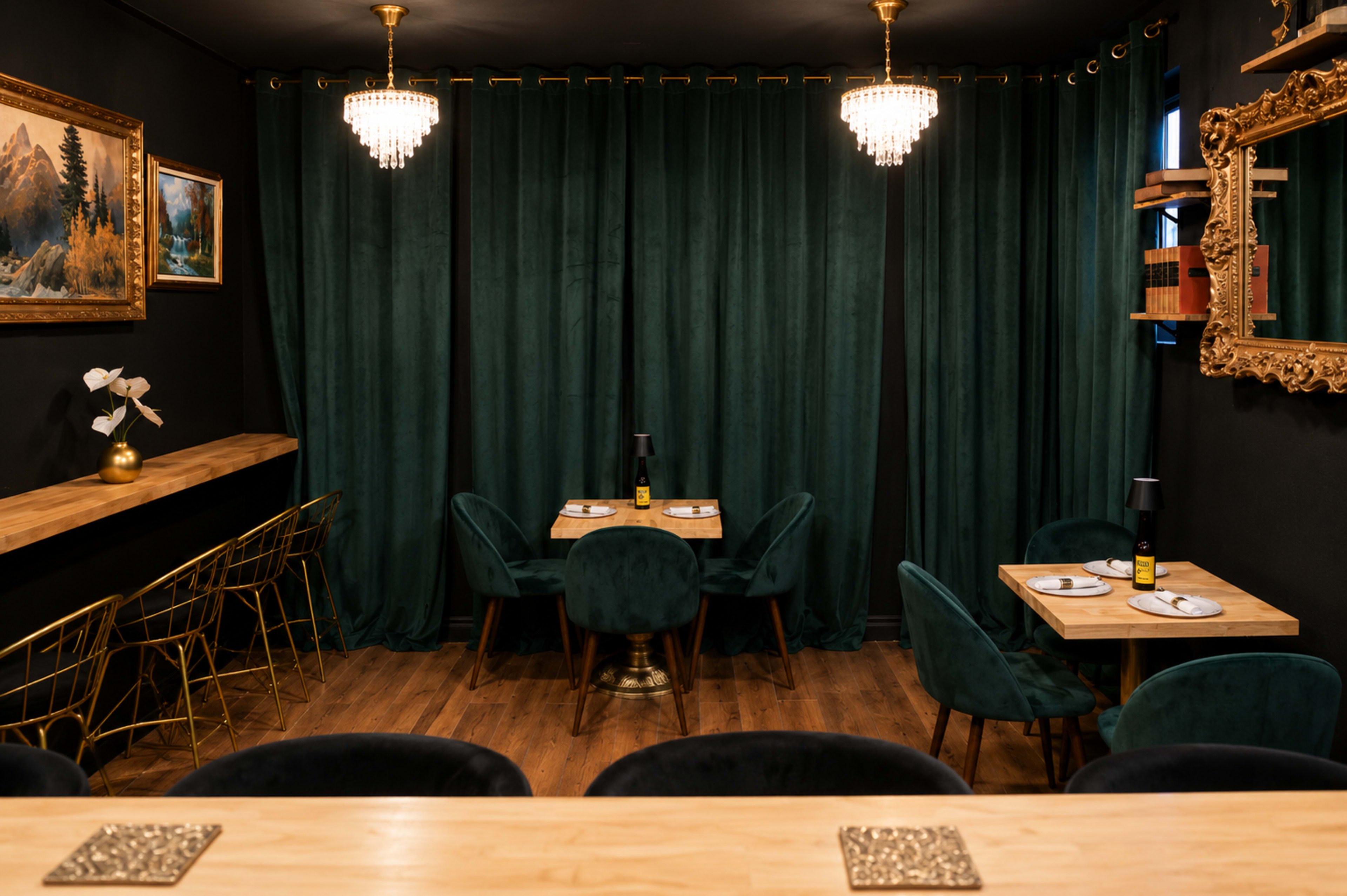 The image shows a cozy restaurant interior with dark green curtains, wooden tables, and gold accents, illuminated by chandeliers.