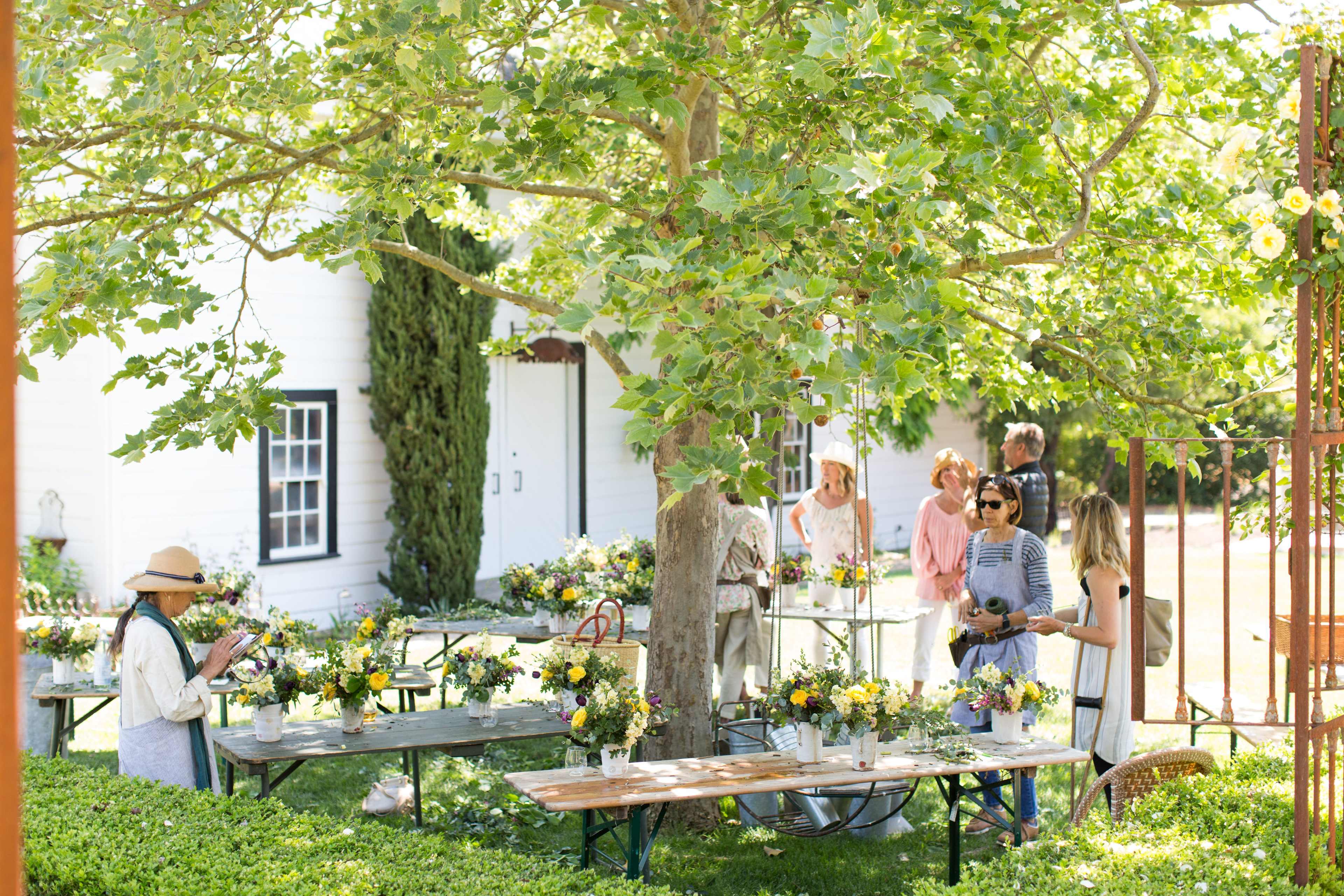 A group of people arrange flower bouquets on tables under a large tree in a garden setting.