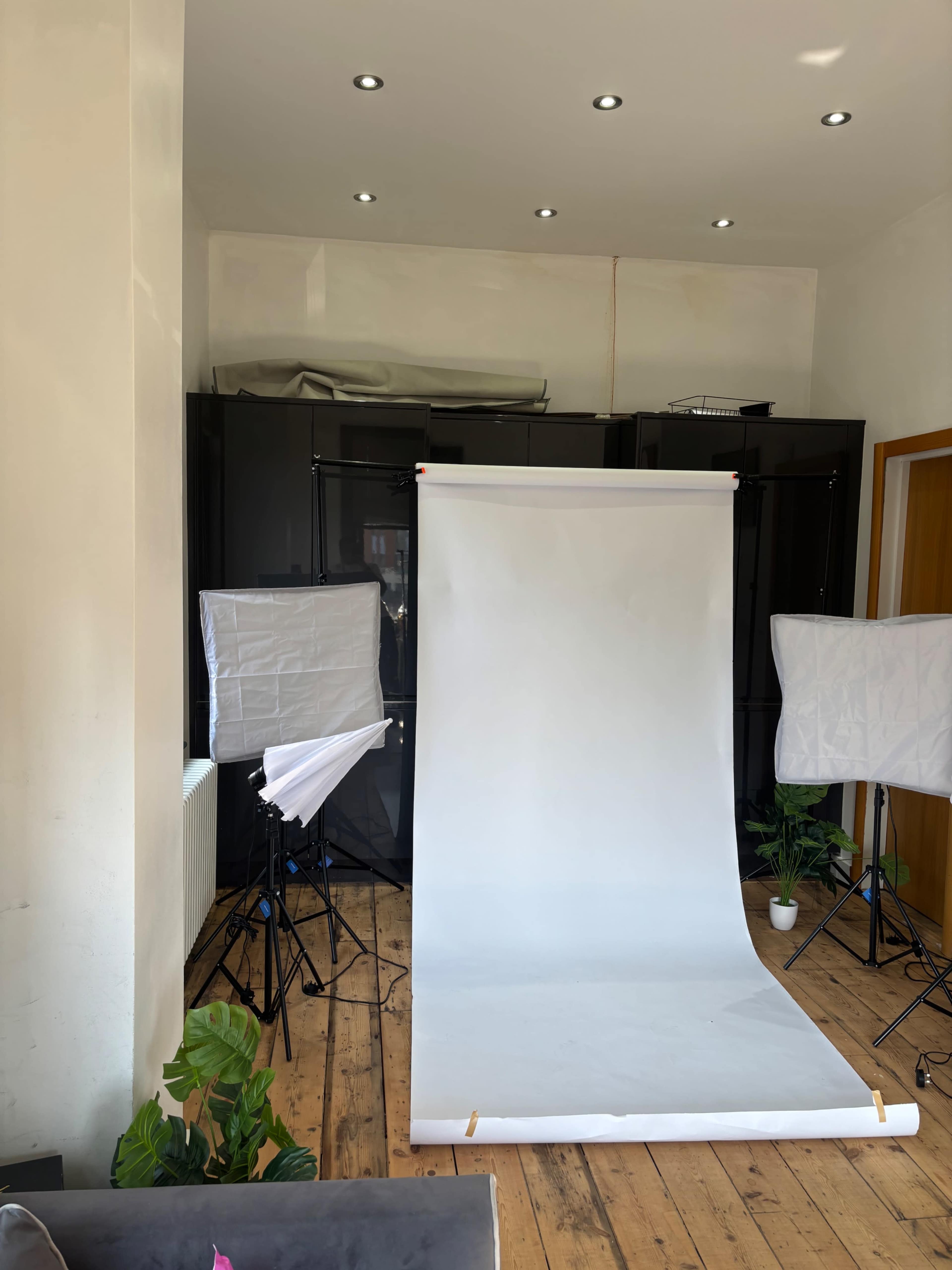 The image shows a photography studio setup featuring a white backdrop on a wooden floor, illuminated by softbox lights on tripods, and a couple of potted plants in the corners.