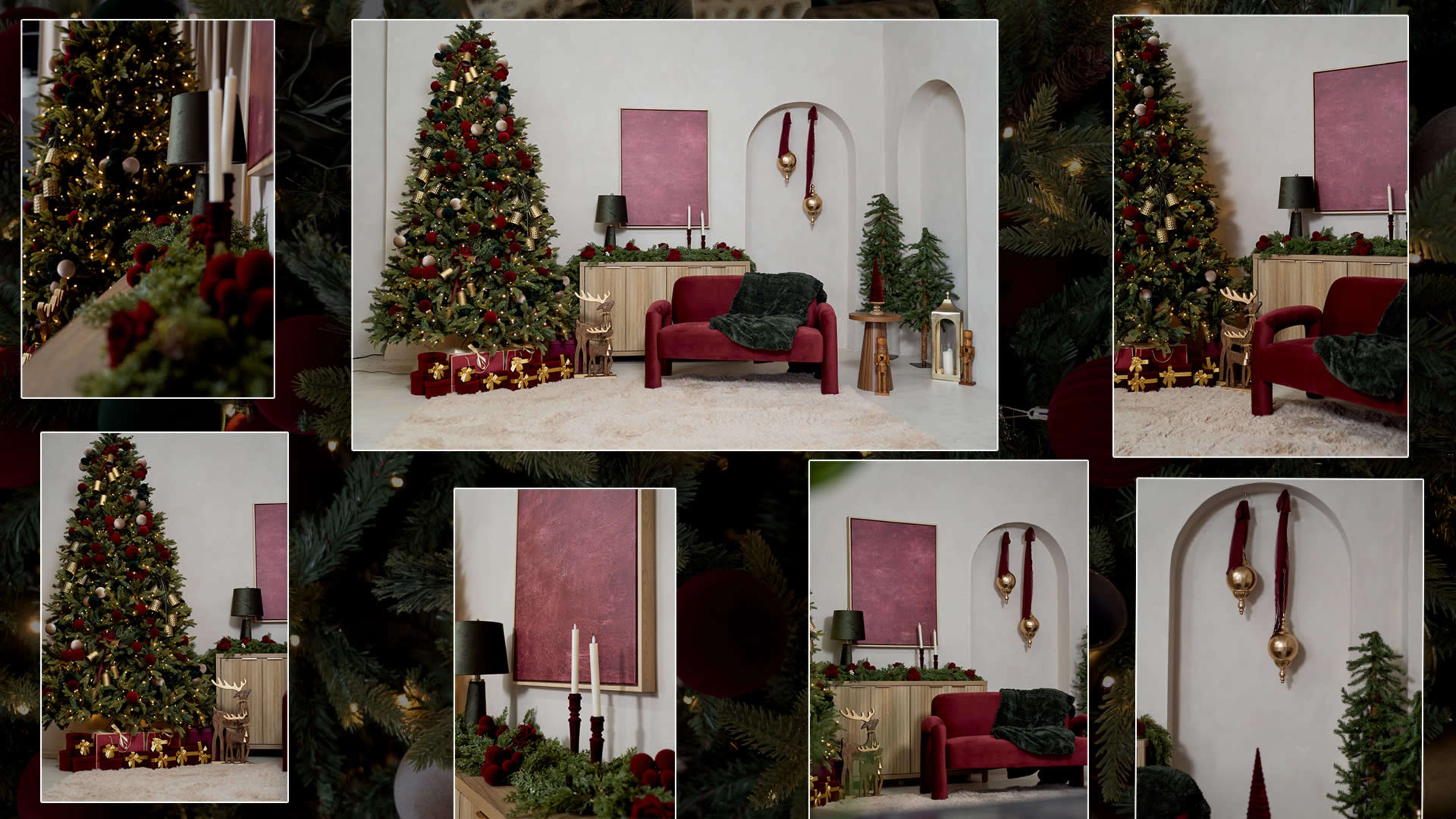 The image displays a festive living room adorned with a decorated Christmas tree, a burgundy sofa, and various holiday decorations, including candles and ornaments.