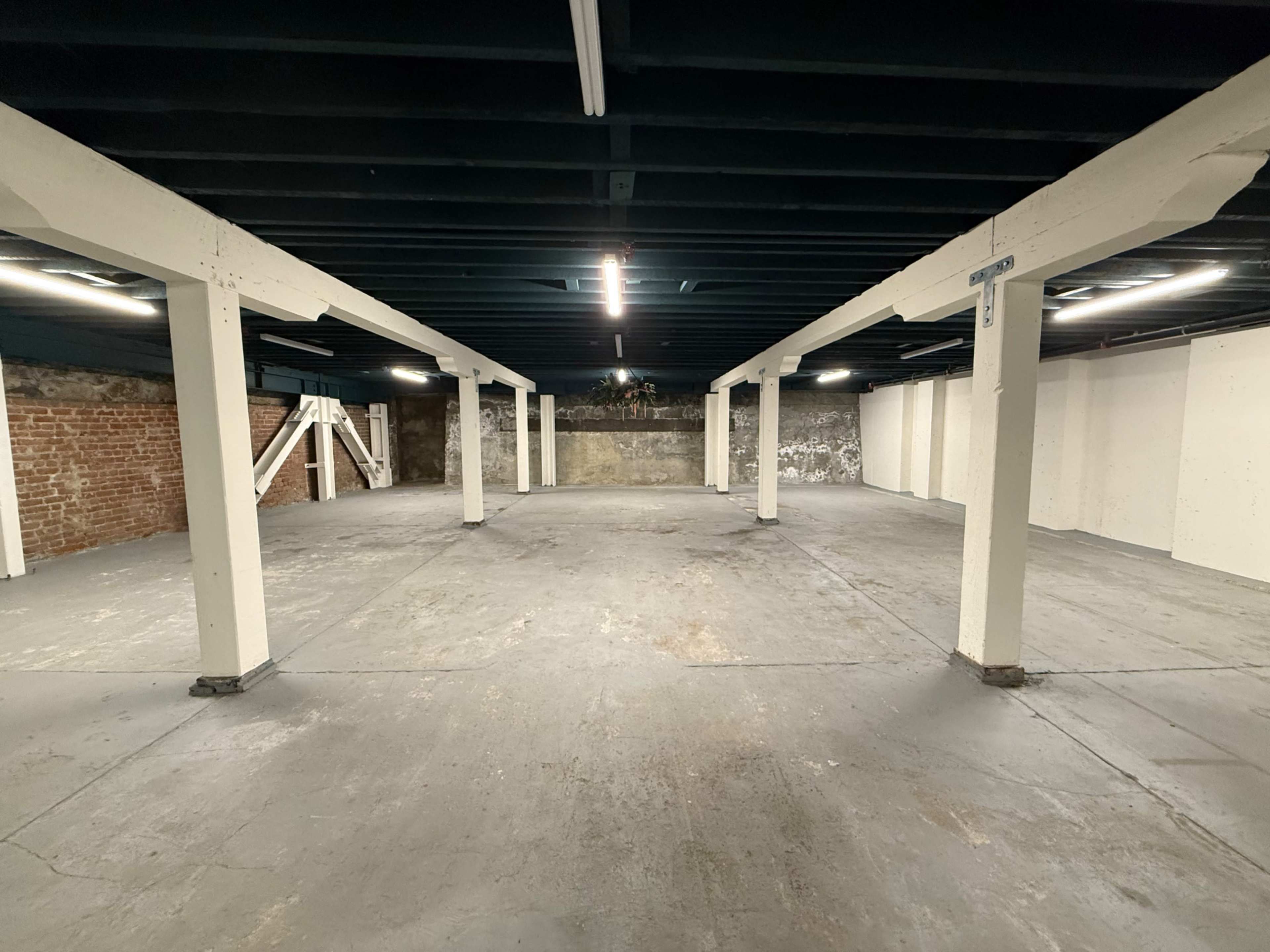 The image shows an empty basement space with exposed brick walls, concrete flooring, and white support columns.